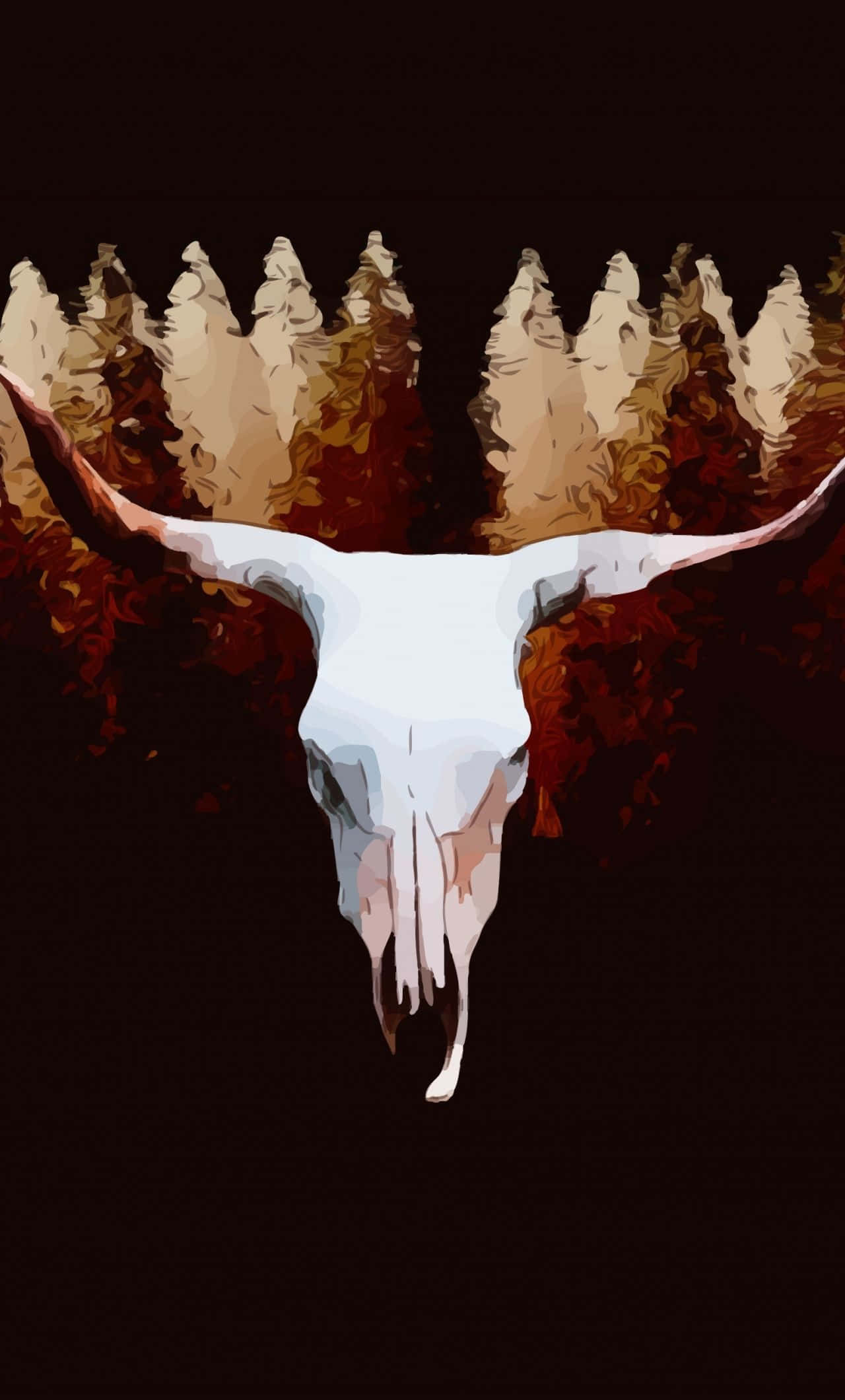 Cow Skull 桌布 壁紙 — 一個風格化的白色長角牛頭骨，帶有巨大的角，背景為深色，帶有火熱的橙色和棕色抽象樹葉。