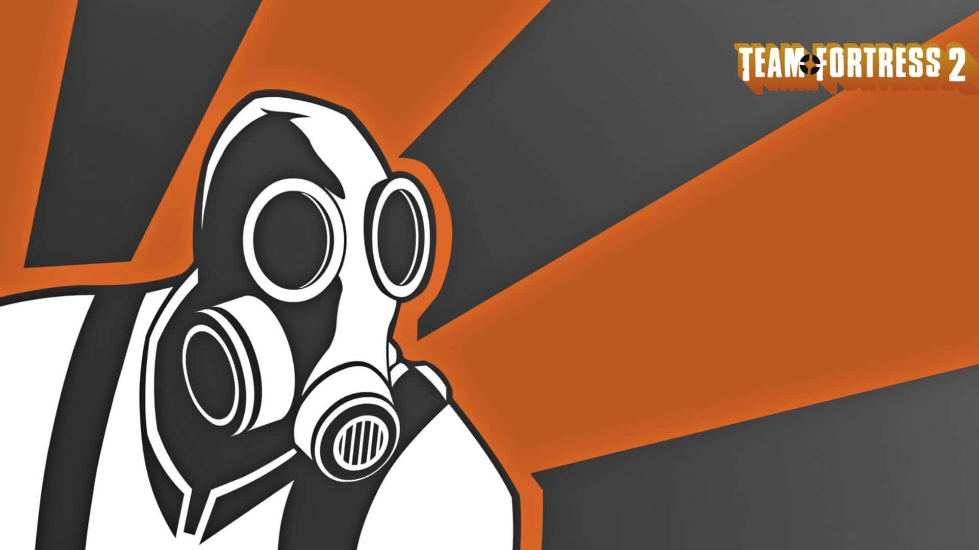 1920x1080 Tf2 桌布 壁紙 — 一個風格化的白色防毒面具，帶有黑色點綴，襯托大膽的橙色和灰色對角條紋。