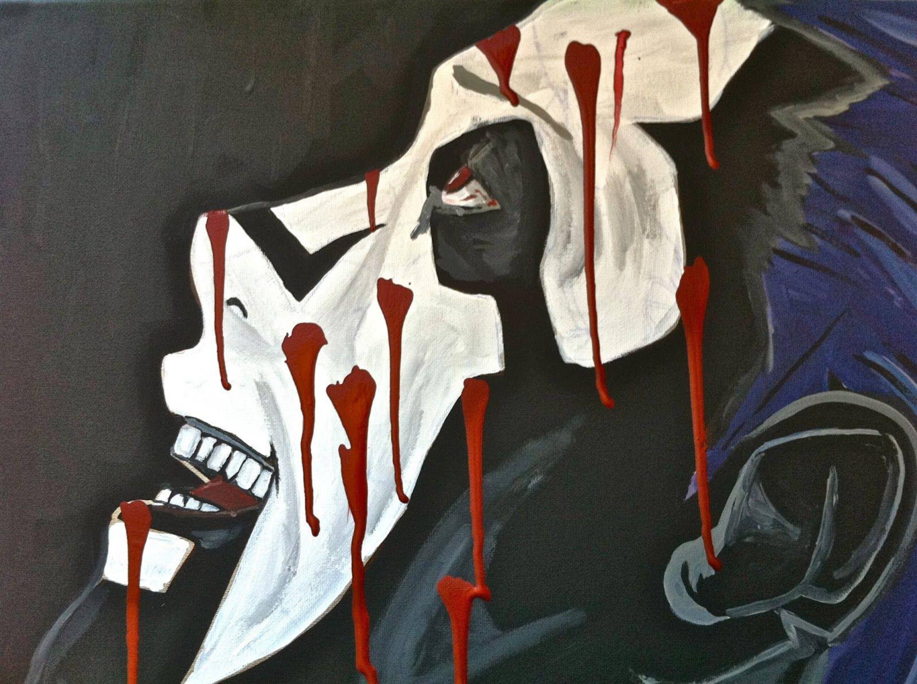 hidan akatsuki 桌布 壁紙 — 一個風格化的白色面具人物，臉上滴著血，背景為深色。