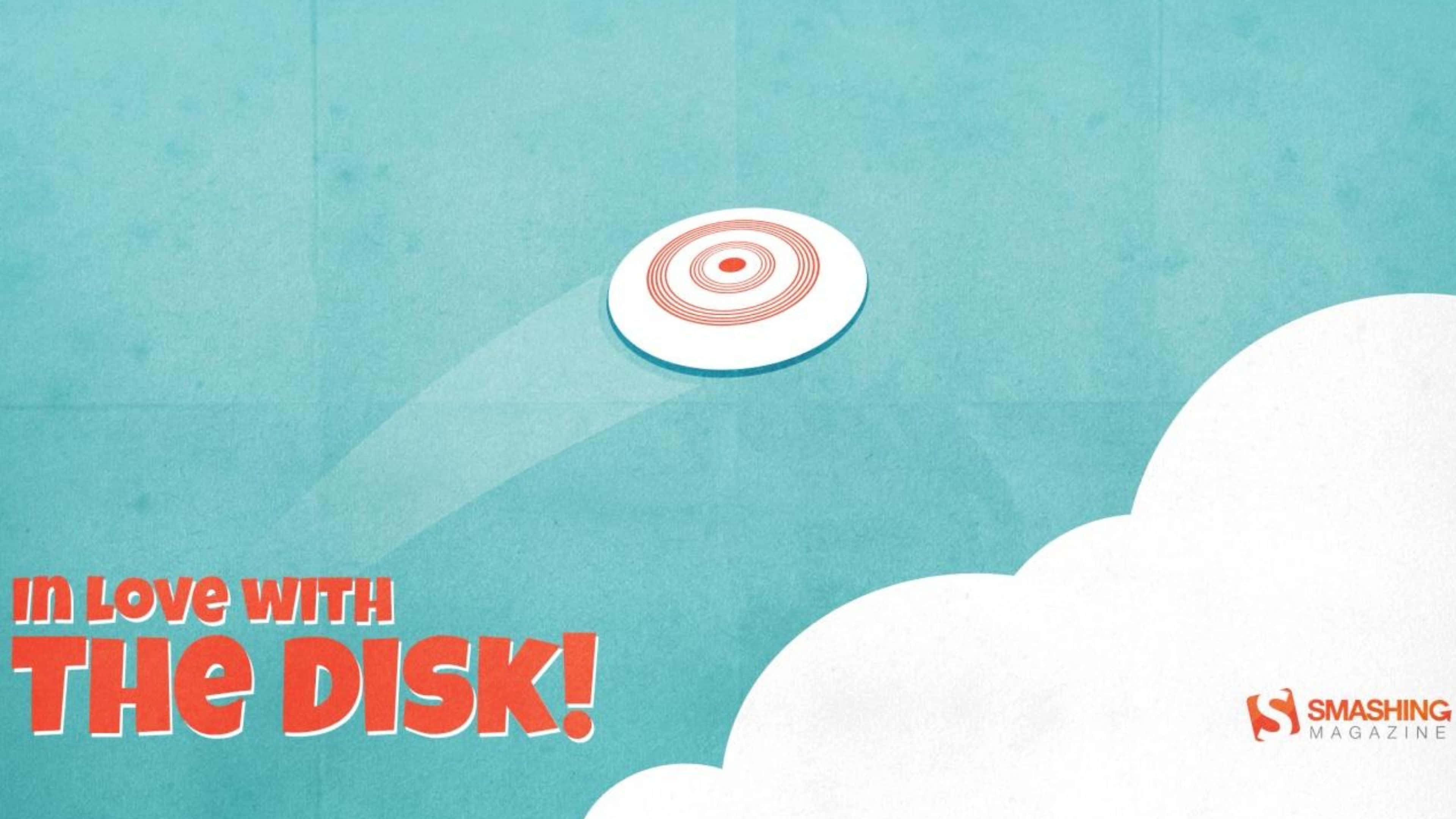 4K Frisbee 桌布 壁紙 — 一個風格化的白色飛盤，帶有紅色同心圓，在藍綠色天空中飄過蓬鬆的白雲，並有粗體紅色文字宣揚對飛盤的熱愛。