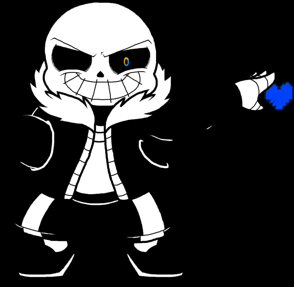 Undertale 桌布 壁紙 — 一個風格化的白色骷髏角色，有一隻黃色和一隻藍色的眼睛，在黑色背景上拿著一個藍色像素心。