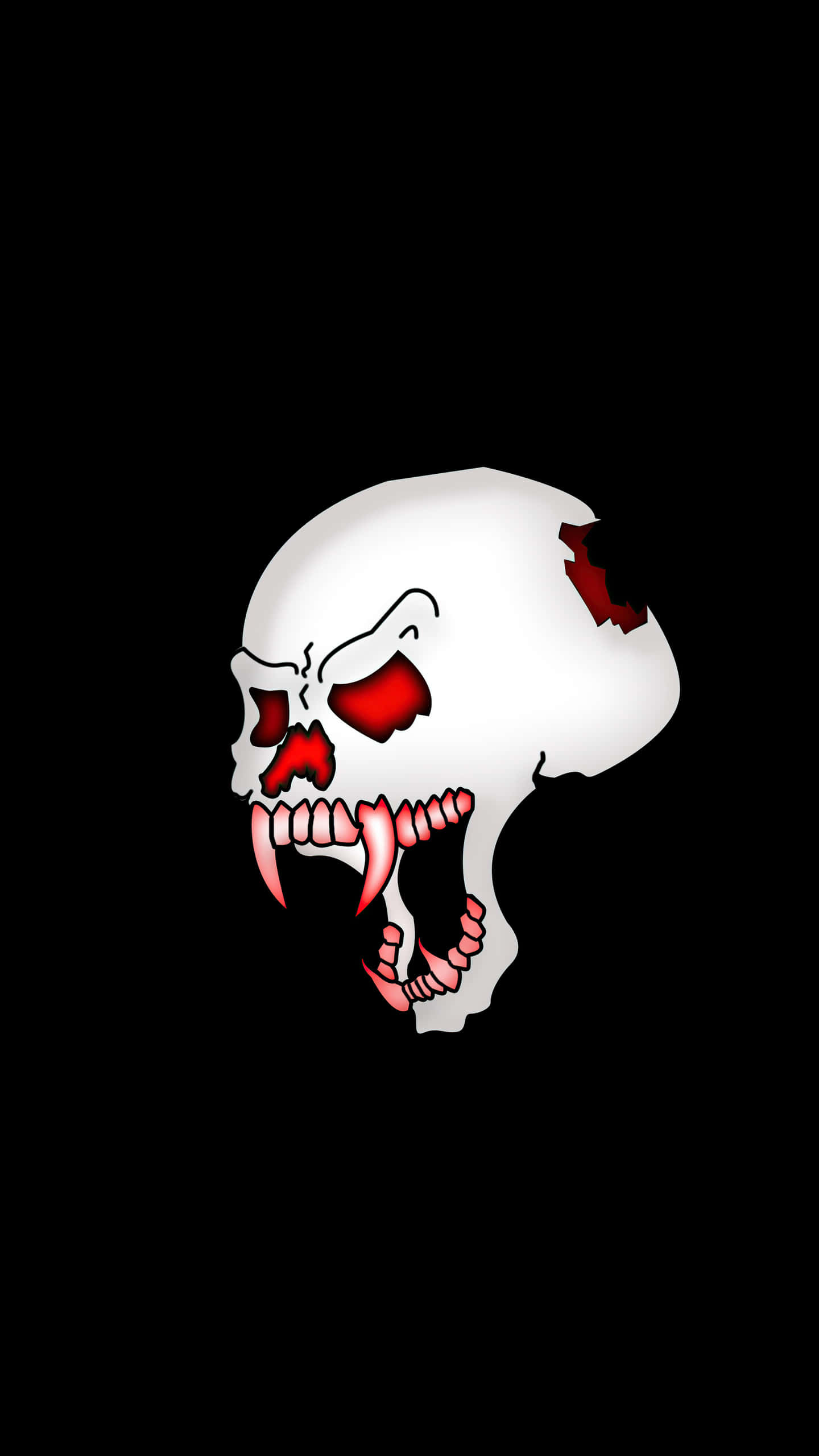 Galaxy Skull 桌布 壁紙 — 一個風格化的白色骷髏頭，帶有紅色發光的眼睛和尖牙，背景為黑色。