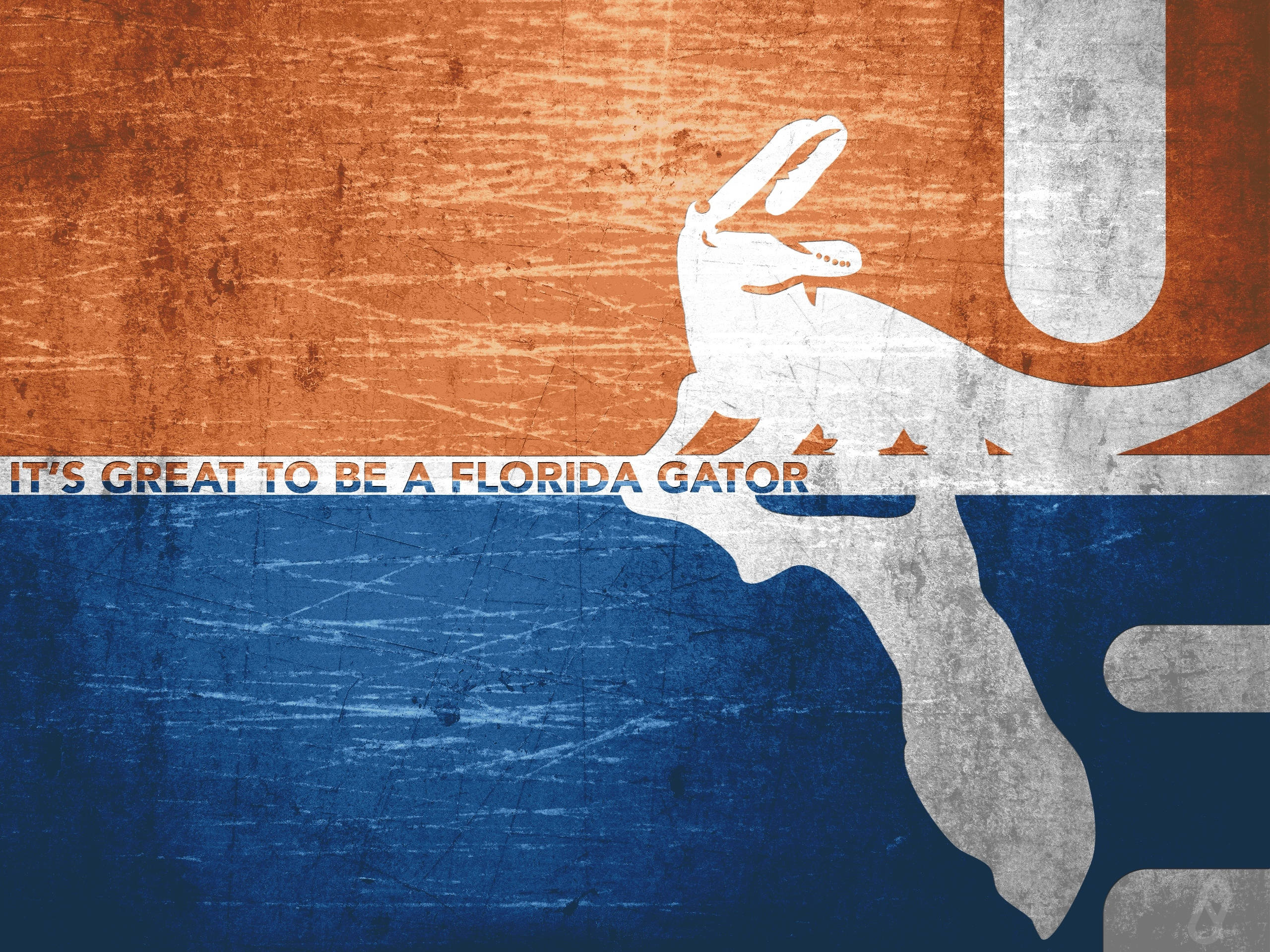 florida 桌布 壁紙 — 一個風格化的白色鱷魚剪影疊加在褪色的橙色和藍色背景上，並帶有文字「IT'S GREAT TO BE A FLORIDA GATOR」。