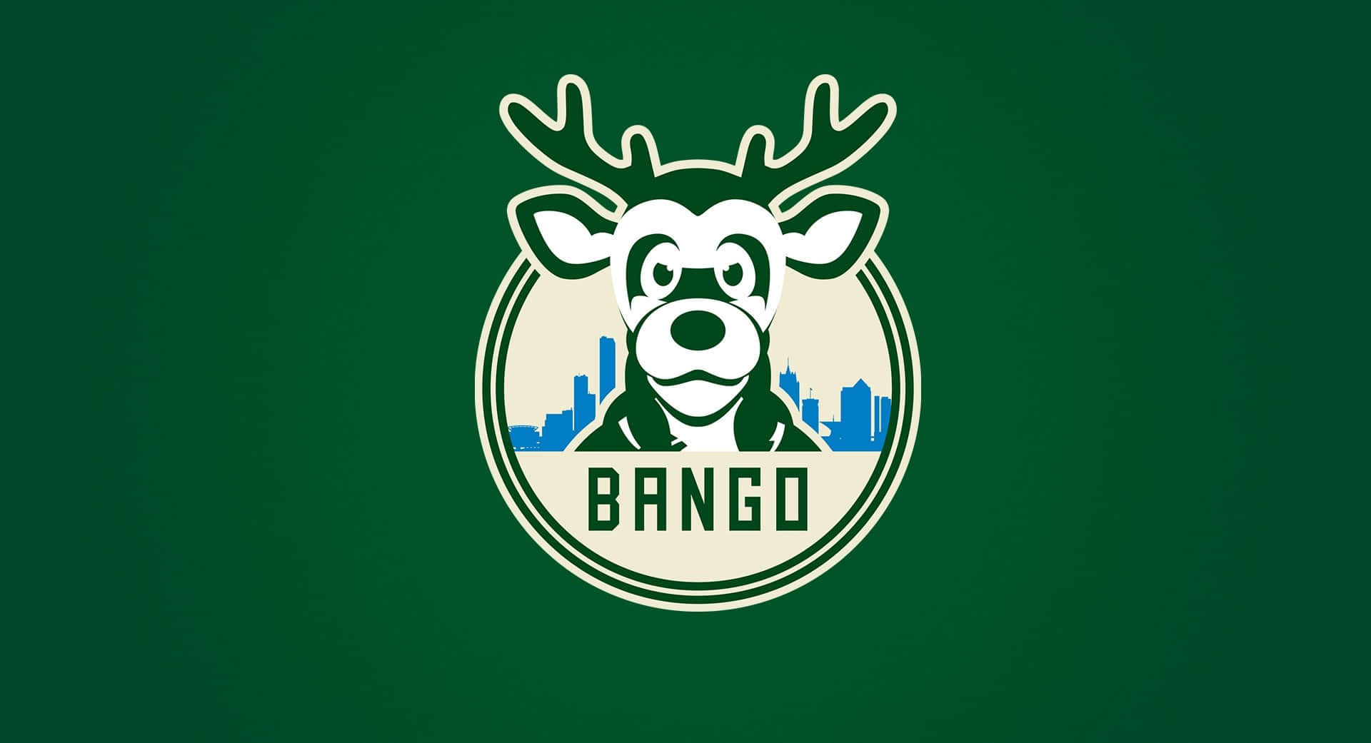 Milwaukee Bucks Logo 桌布 壁紙 — 一個風格化的白色鹿吉祥物，帶有鹿角，背後是城市景觀，位於綠色背景上的圓形徽章內。