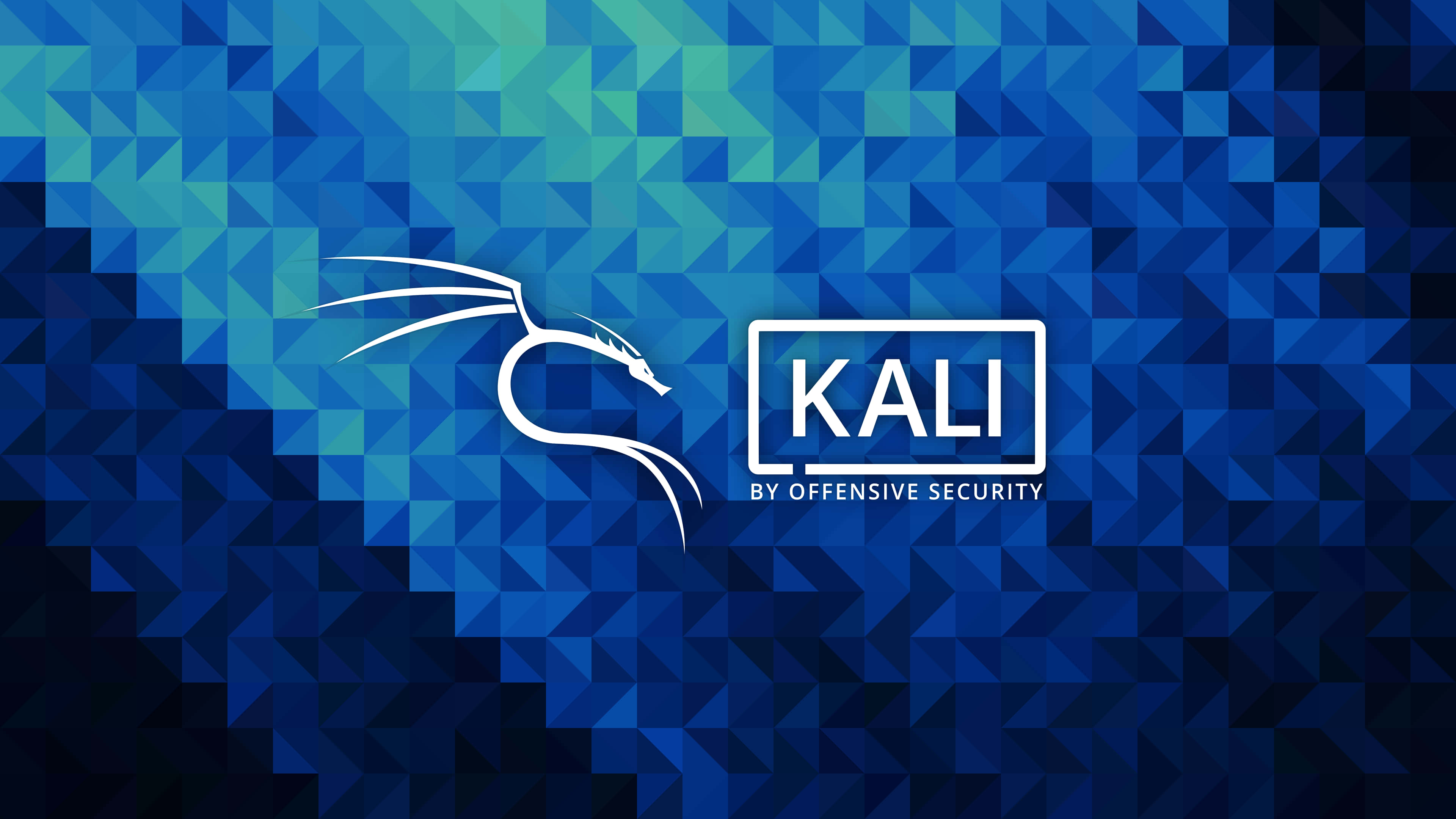 Kali Linux 桌布 壁紙 — 一個風格化的白色龍標誌和Kali Linux文字漂浮在藍色幾何三角形馬賽克背景上。