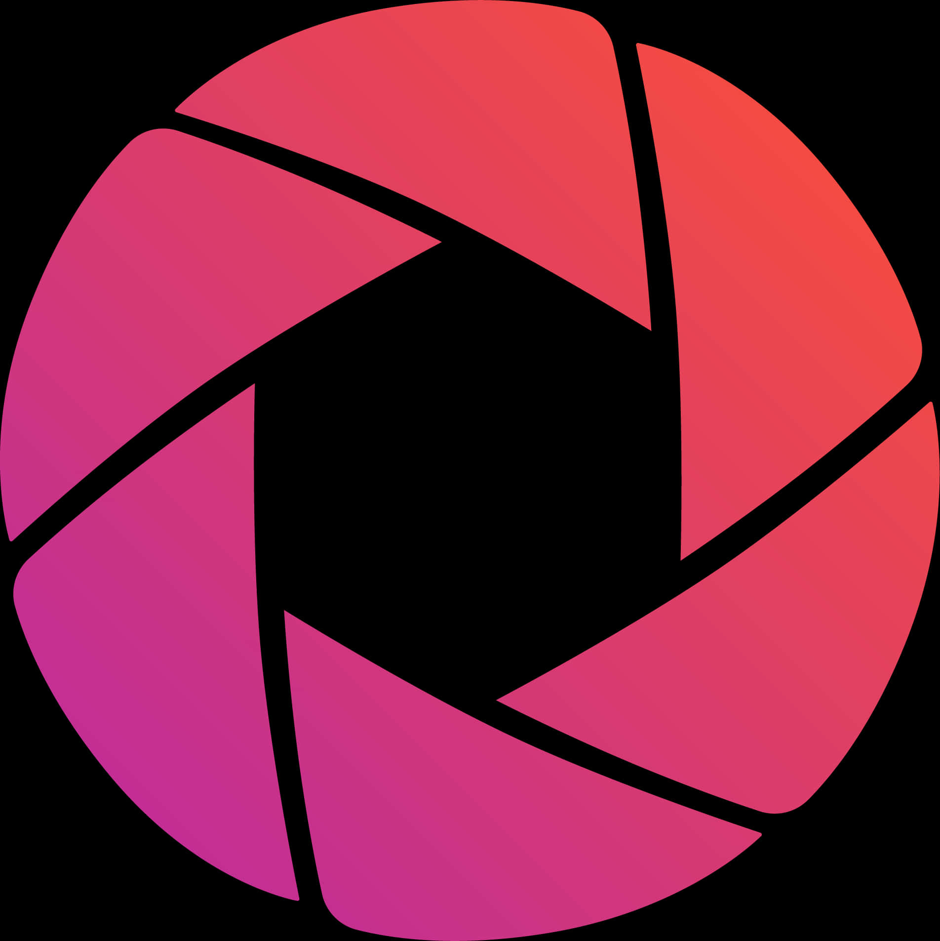 Camera Logo 桌布 壁紙 — 一個風格化的相機光圈圖示，帶有漸層粉紅色和紅色葉片，背景為黑色。