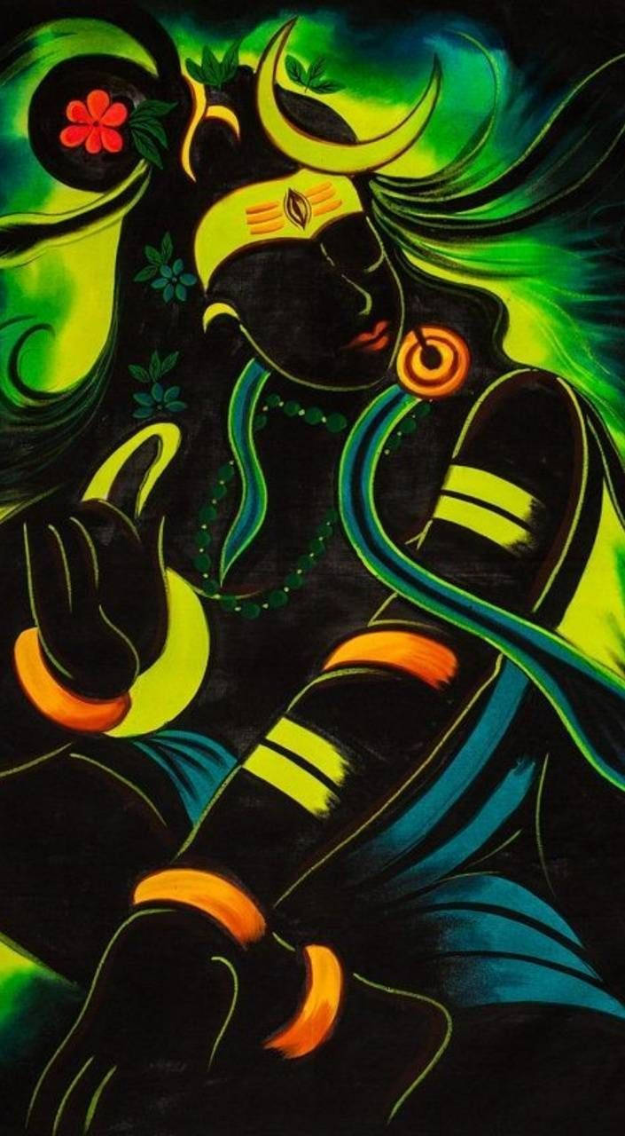 mahakal 3d 桌布 壁紙 — 一個風格化的神祇，擁有飄逸的綠色頭髮和橙色點綴，在黑暗背景下以寧靜的姿勢坐著。