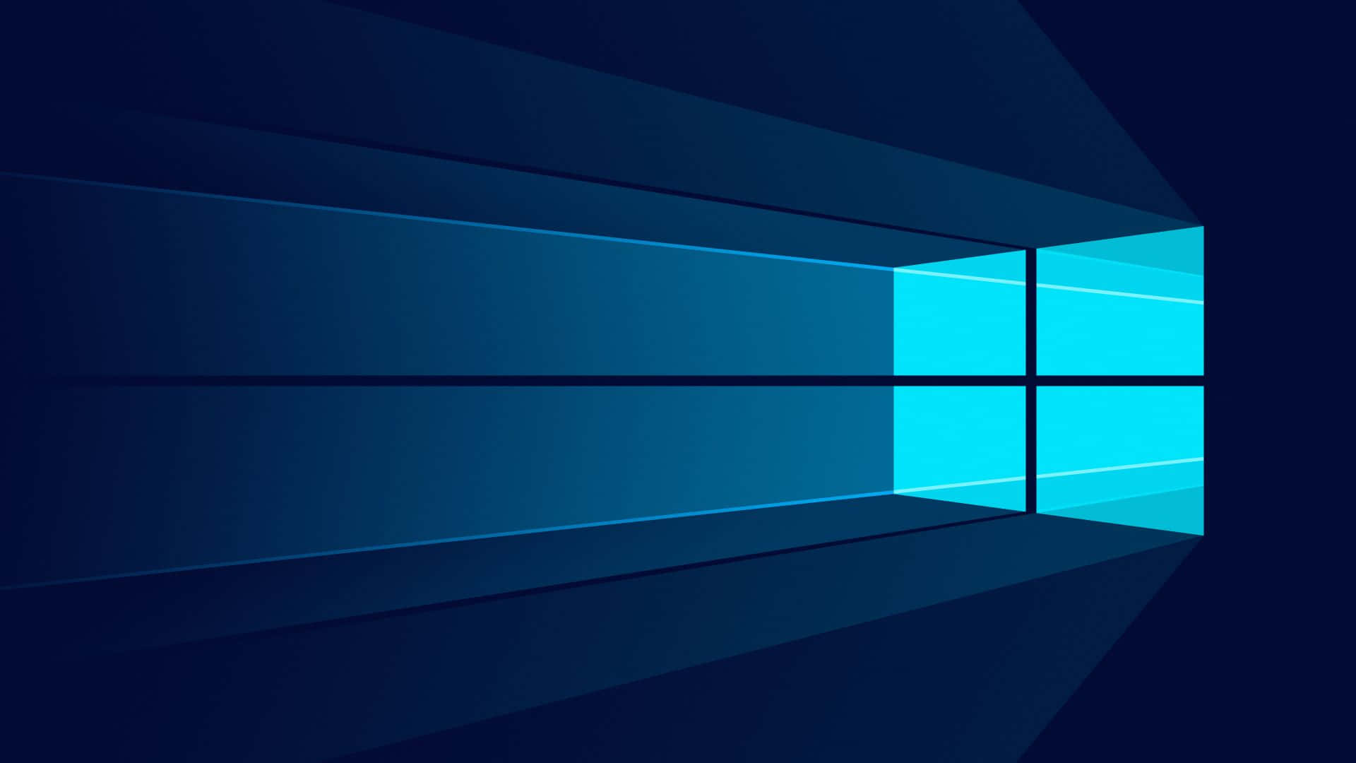 抽象數位窗戶標誌，在深藍色背景上帶有發光的青色面板。 — Windows 10 GIF 壁紙