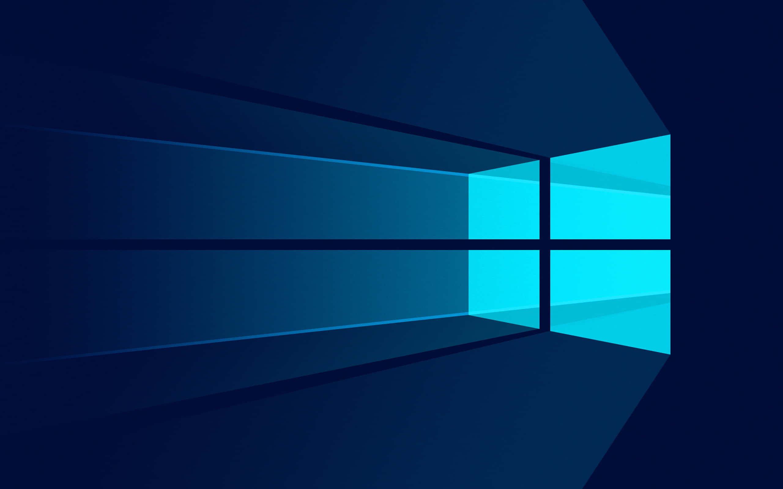 Windows 10 Desktop 桌布 壁紙 — 一個風格化的窗戶標誌，在深藍色漸變背景上發出青色的光芒。