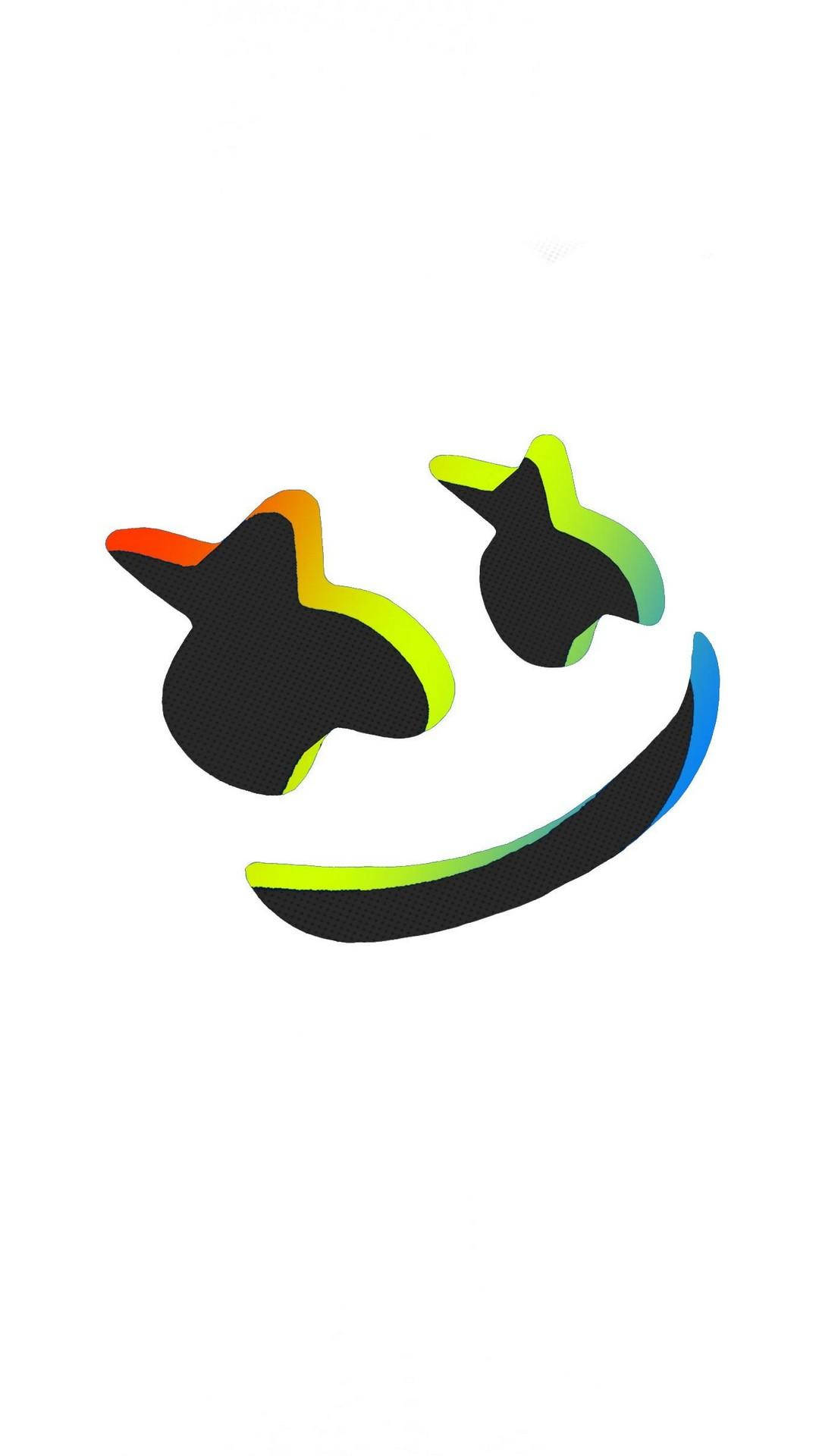 marshmello iPhone 桌布 壁紙 — 一個風格化的笑臉，在黑色形狀上帶有漸變彩虹色調，背景為純白色。