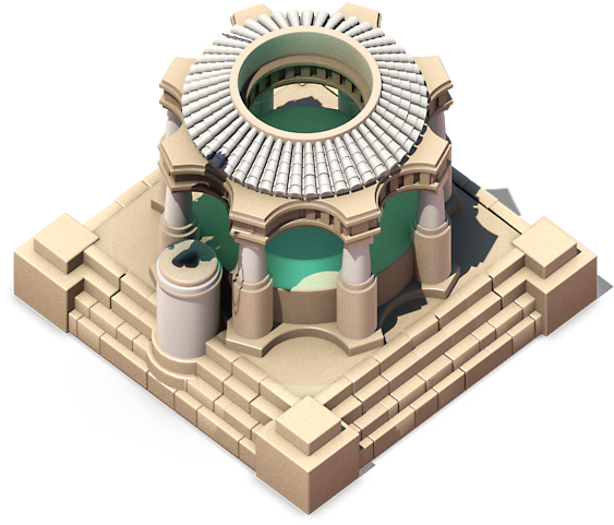 Historical 桌布 壁紙 — 一個風格化的等距古代寺廟，擁有分層石階和青綠色內部水池，在明亮的日光下。