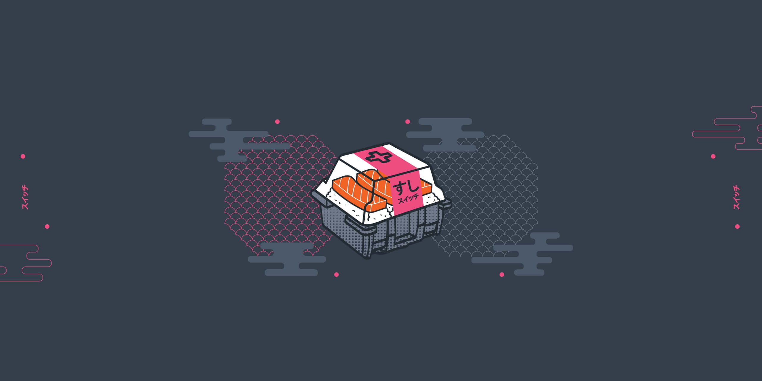 Cute Keyboard 桌布 壁紙 — 一個風格化的等距壽司盒，帶有粉紅色蓋子和橙色魚片，放置在帶有幾何圖案和日本雲紋的深灰色背景上。