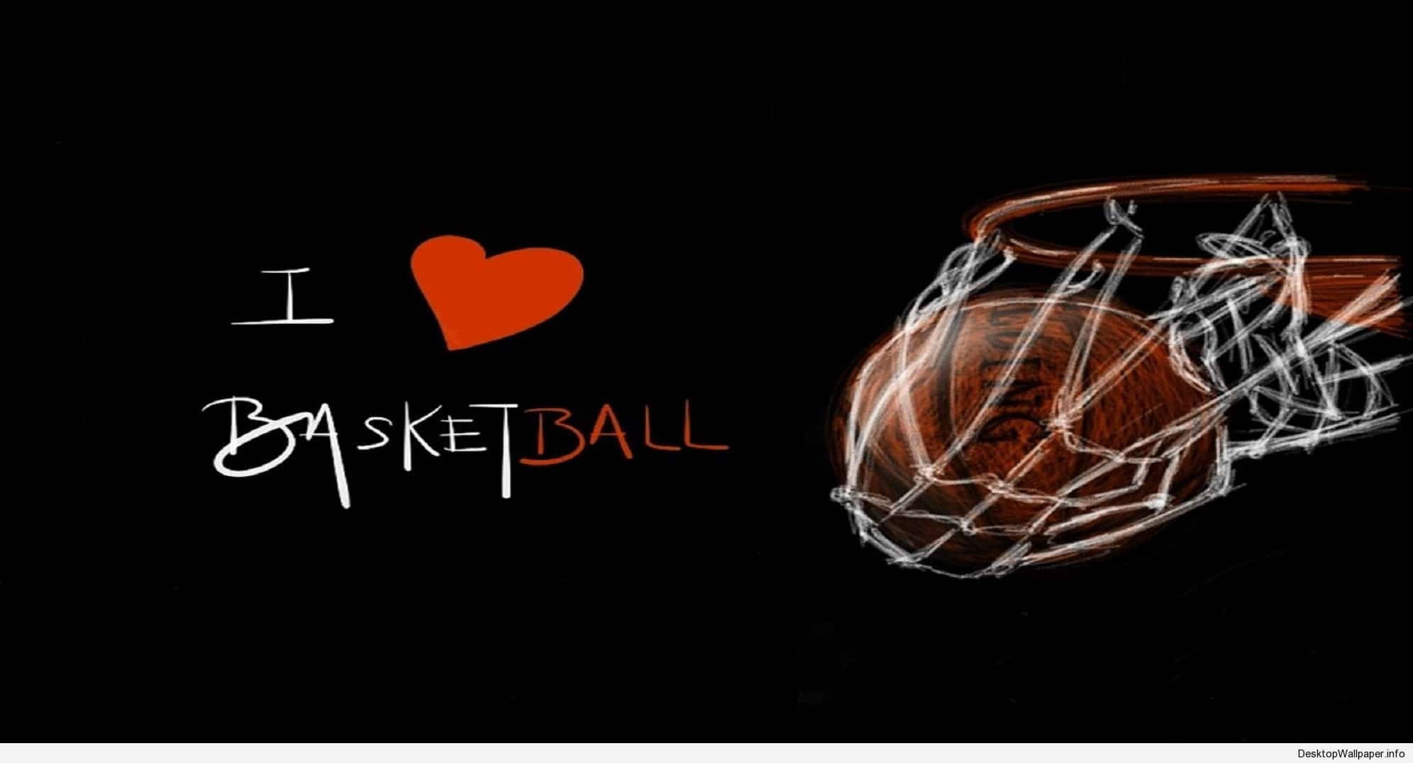 籃球 桌布 壁紙 — 一個風格化的籃球圖案，帶有「I ❤️ BASKETBALL」文字在黑色背景上。
