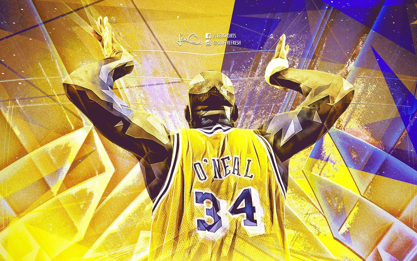NBA 桌布 壁紙 — 一個風格化的籃球運動員，身穿黃色球衣，號碼34，名字O'NEAL，在幾何金色和紫色背景上高舉雙臂慶祝勝利。