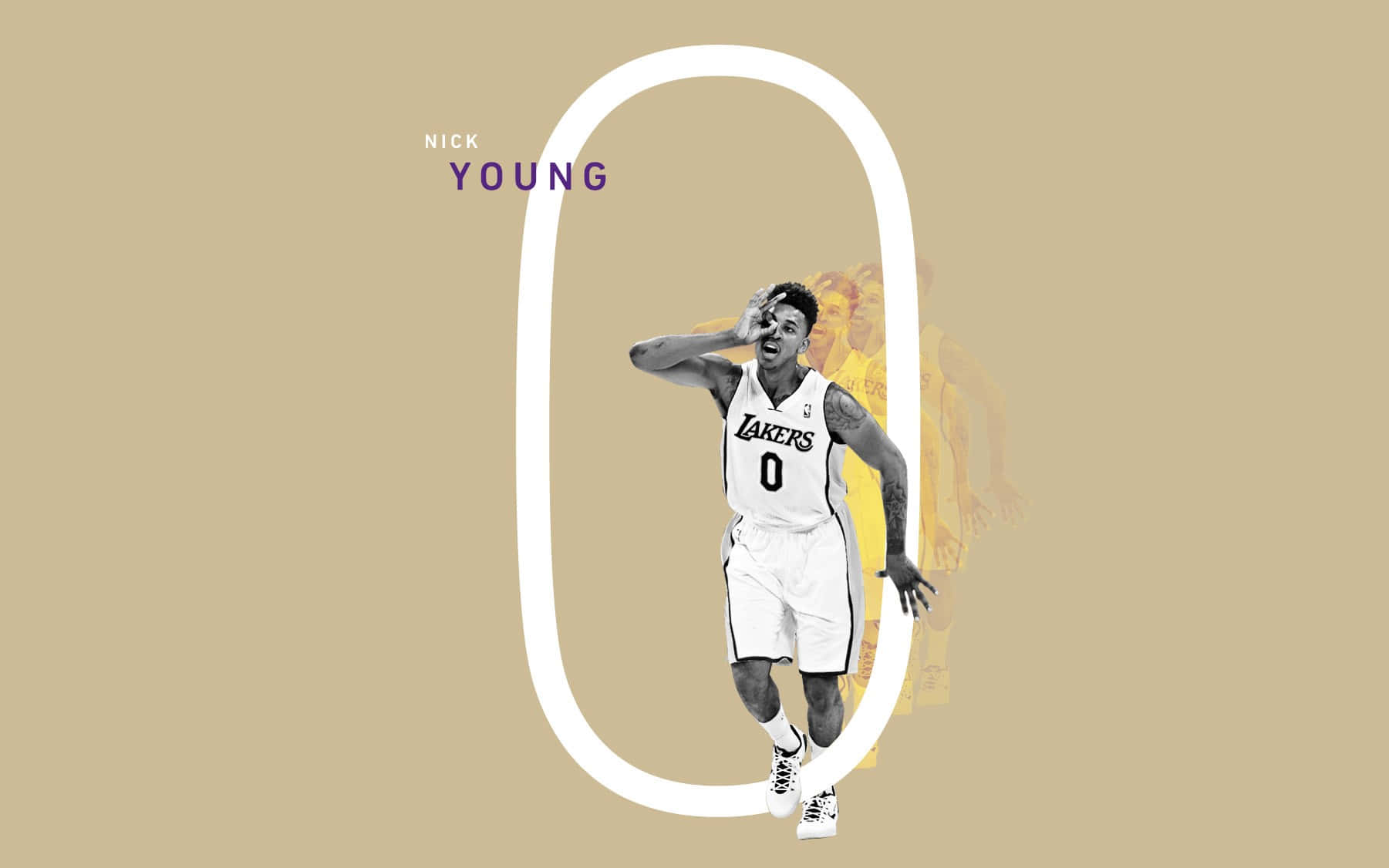 superstar 桌布 壁紙 — 一個風格化的籃球運動員Nick Young身穿湖人隊零號球衣，在米色背景上的一個大白色橢圓內動態擺姿勢。