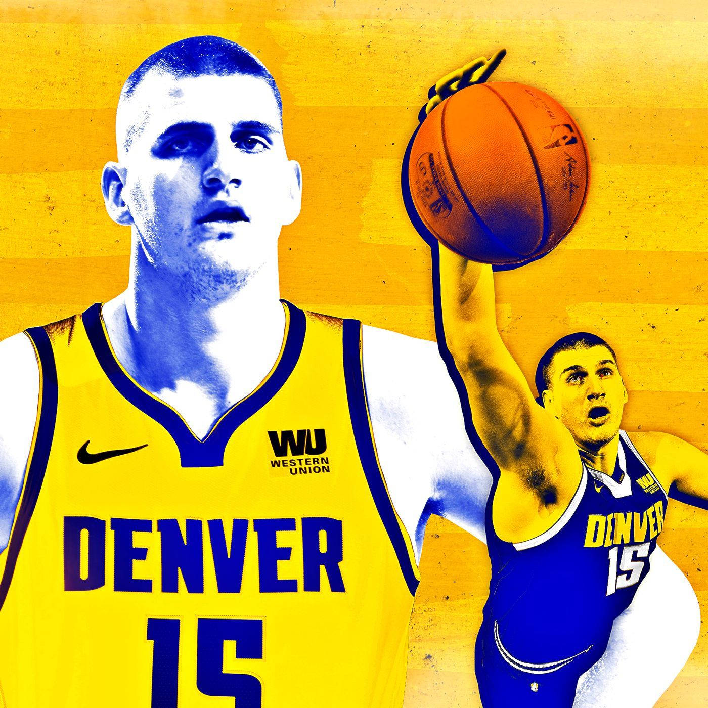 Jokic 桌布 壁紙 — 一個風格化的籃球運動員穿著丹佛球衣，跳起投籃，背景是鮮豔的黃色。