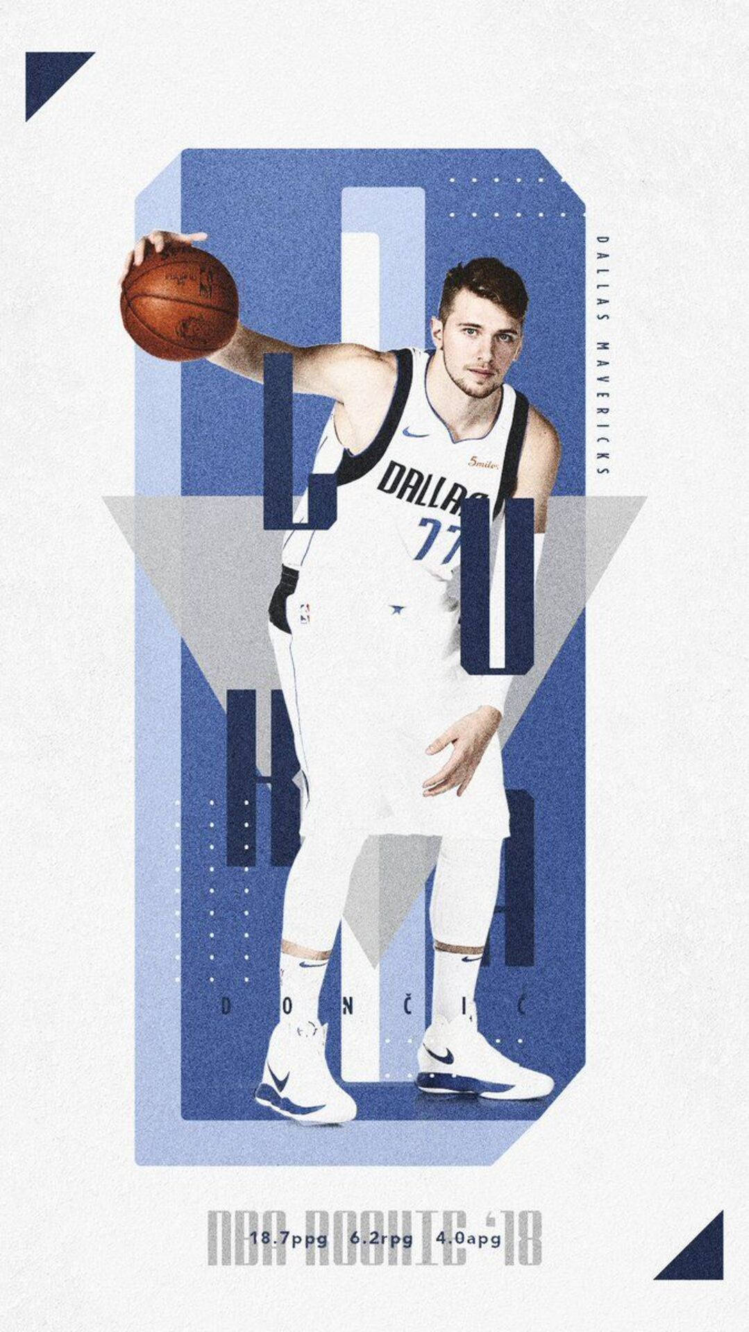 Luka 桌布 壁紙 — 一個風格化的籃球運動員穿著達拉斯獨行俠球衣，在幾何藍白背景下持球。