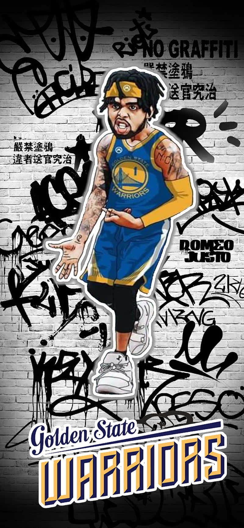 Dangelo Russell 桌布 壁紙 — 一個風格化的籃球運動員穿著金州勇士隊球衣，站在佈滿塗鴉的磚牆前。