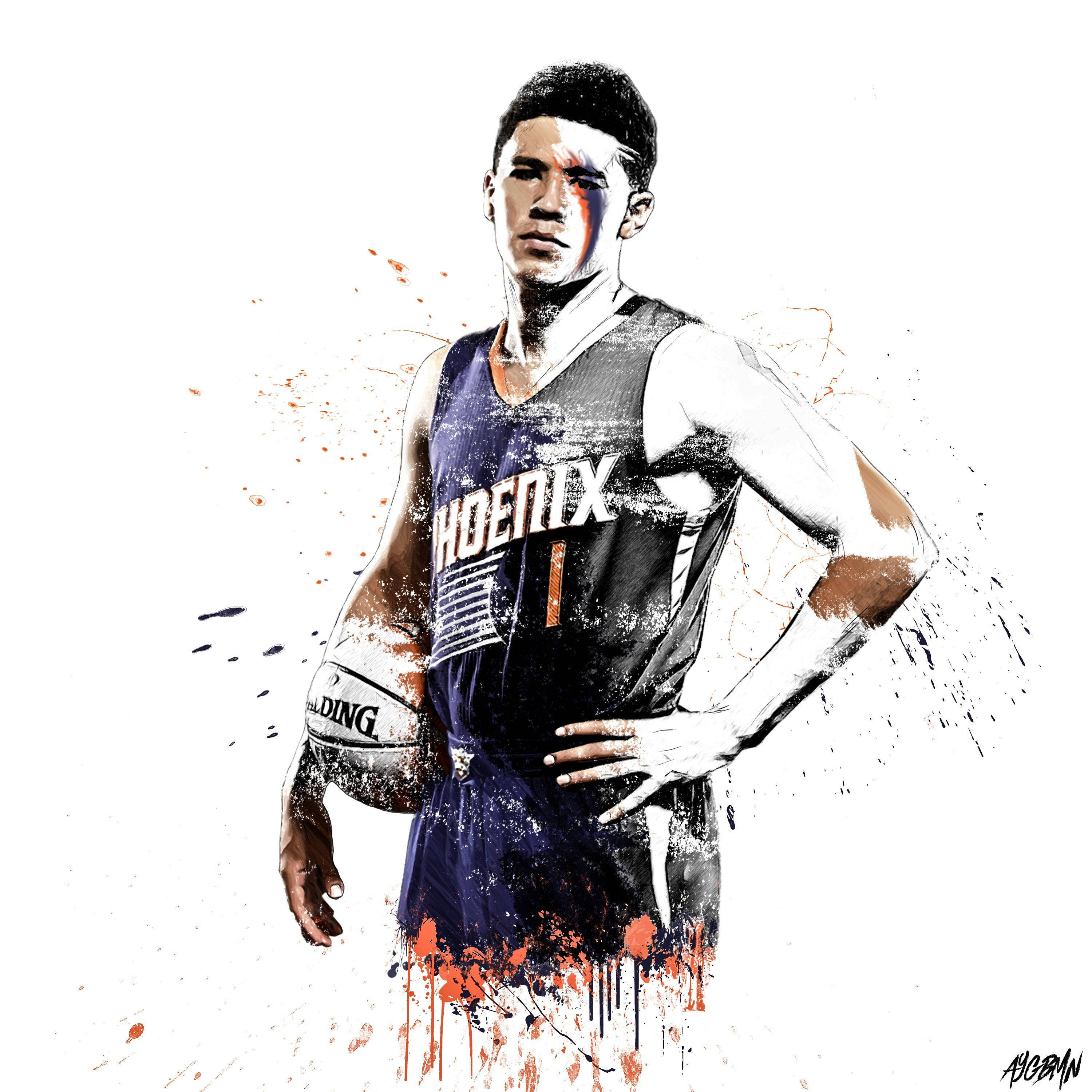 Devin Booker 桌布 壁紙 — 一個風格化的籃球運動員穿著鳳凰城球衣，在白色背景上拿著一個帶有醒目油漆潑濺效果的球。
