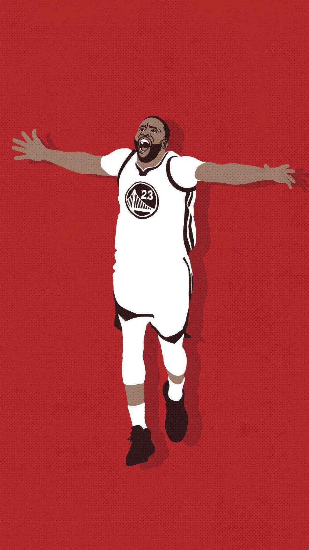 Draymond Green 桌布 壁紙 — 一個風格化的籃球運動員身穿白色球衣，號碼23，在帶有紋理的紅色背景上歡快地跳躍。