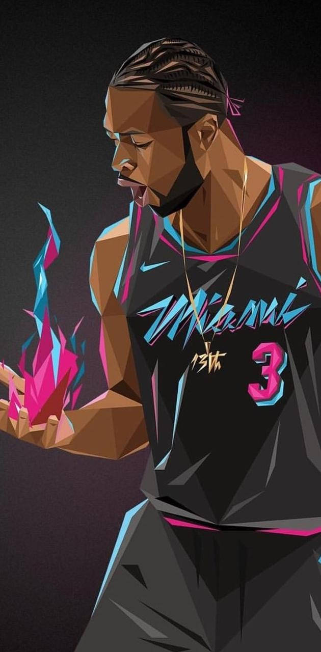 NBA 桌布 壁紙 — 一個風格化的籃球運動員身穿邁阿密球衣，在深色背景上手持發光的粉紅色和藍色水晶。