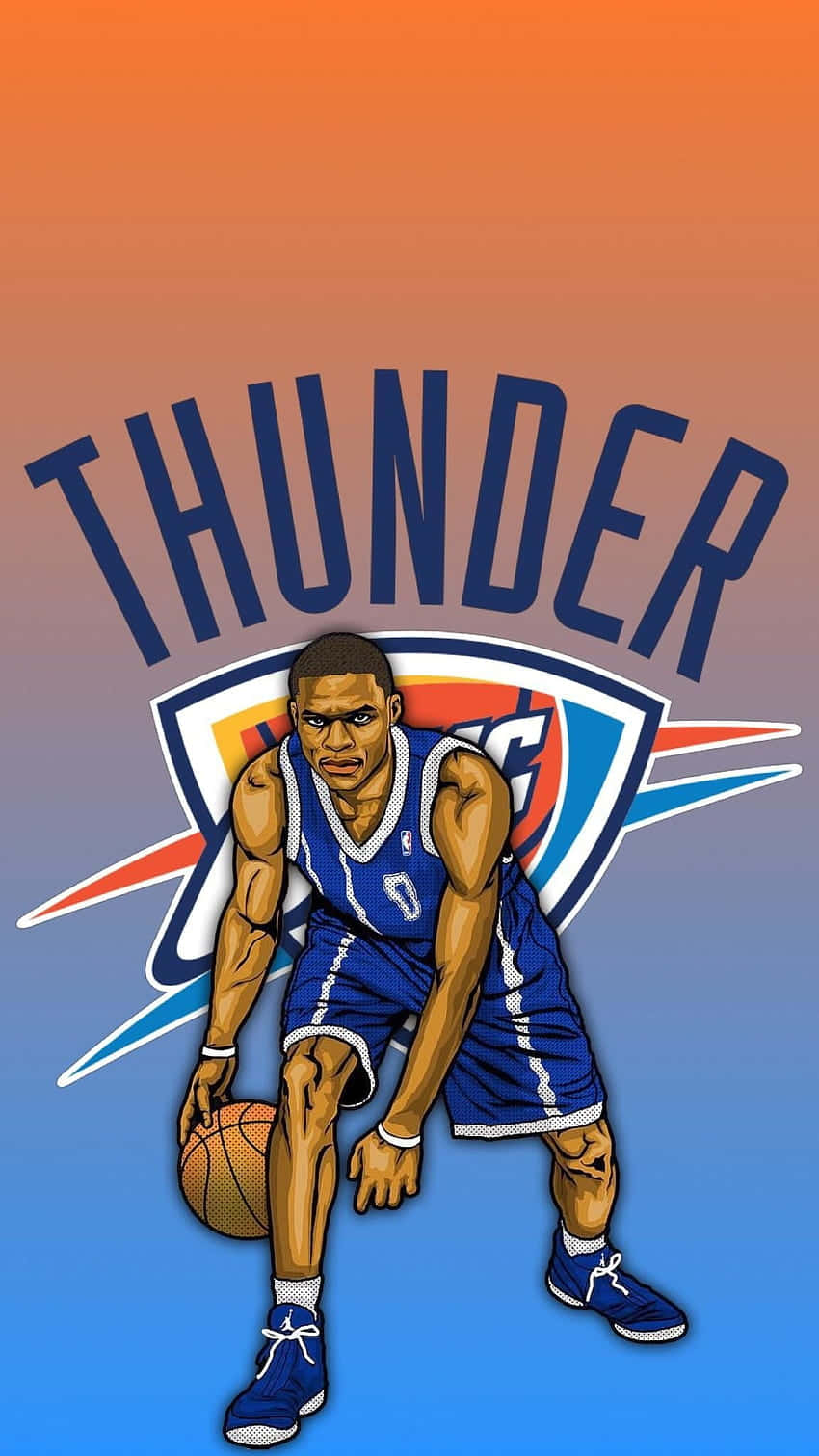 Cartoon NBA Players 桌布 壁紙 — 一個風格化的籃球運動員身穿雷霆隊球衣，在橙藍漸變背景前運球。