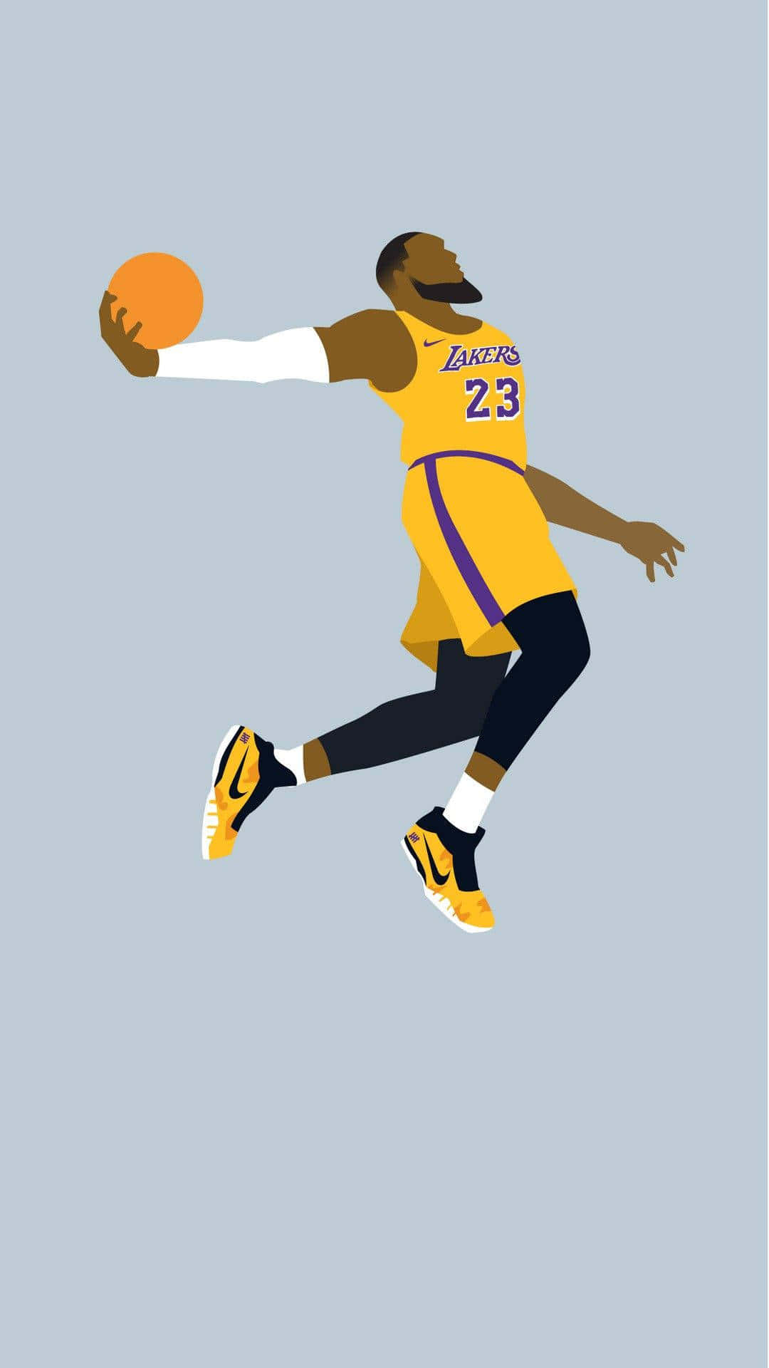 NBA 桌布 壁紙 — 一個風格化的籃球運動員身穿黃色湖人隊球衣，在純灰色背景前跳起，手持橙色籃球。