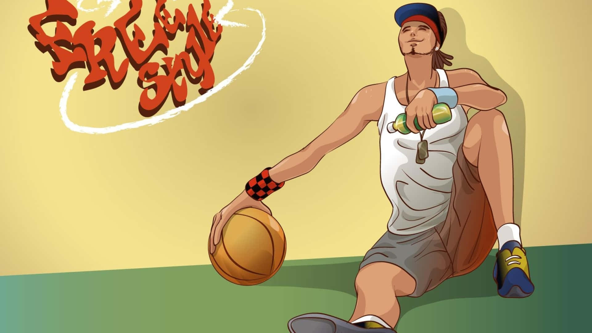Cartoon NBA Players 桌布 壁紙 — 一個風格化的籃球運動員隨意地坐著，拿著一個球和一個瓶子，背景是純黃色的牆壁，上面有 'Free Style' 塗鴉。