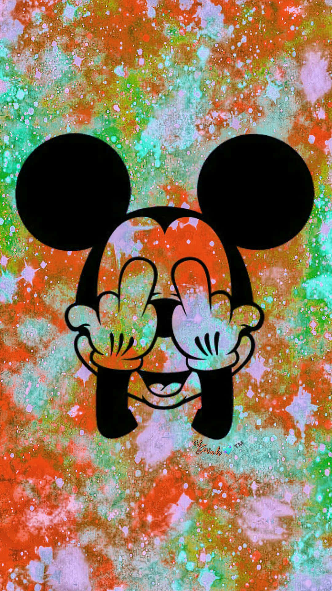 Mickey Mouse Cool 桌布 壁紙 — 一個風格化的米奇老鼠剪影，戴著手套的手豎起中指，背景是充滿活力的橙色、綠色和藍綠色潑濺。