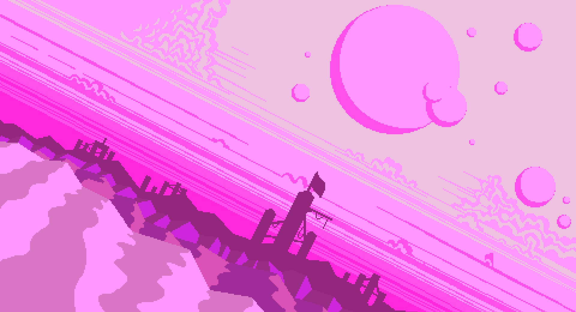 Aesthetic Pixel Art HD 桌布 壁紙 — 一個風格化的粉紅和紫色像素藝術景觀，在發光的天空下，有漂浮的球體和鋸齒狀的地形。