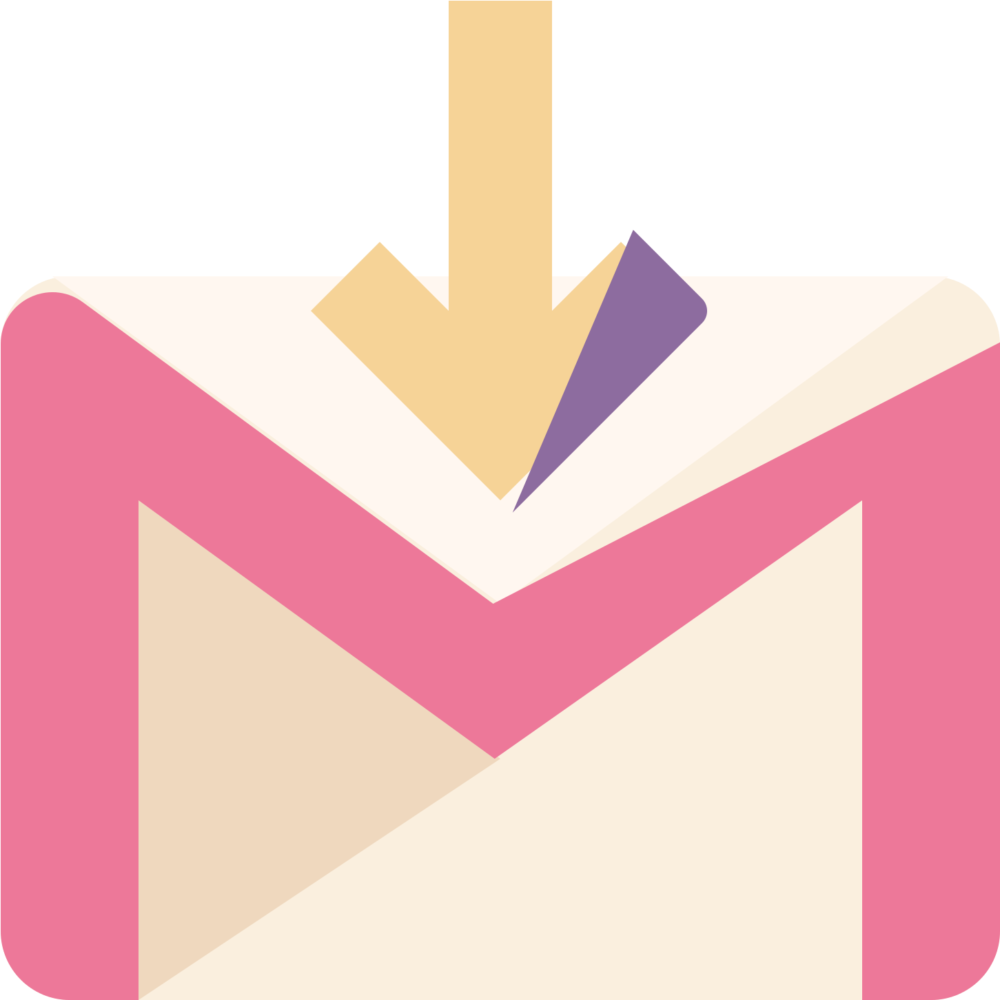 Gmail 動圖 桌布 壁紙 — 一個風格化的粉紅色信封圖示，帶有向下箭頭，象徵電子郵件下載或訊息接收。