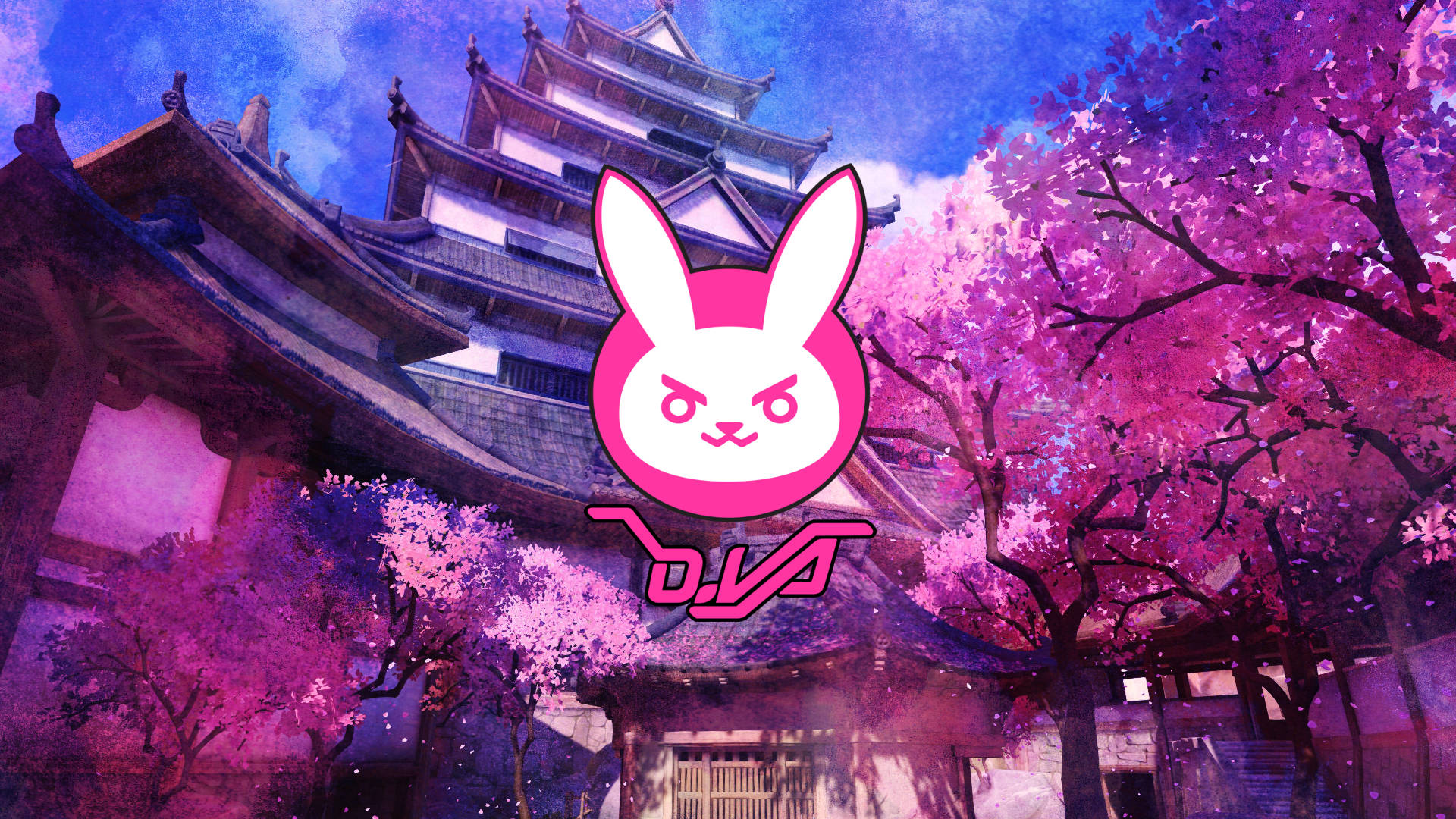 D.Va 桌布 壁紙 — 一個風格化的粉紅色兔子標誌，帶有憤怒的眼睛，漂浮在傳統日本城堡前，周圍是鮮豔的粉紅色櫻花，背景是黃昏的天空。