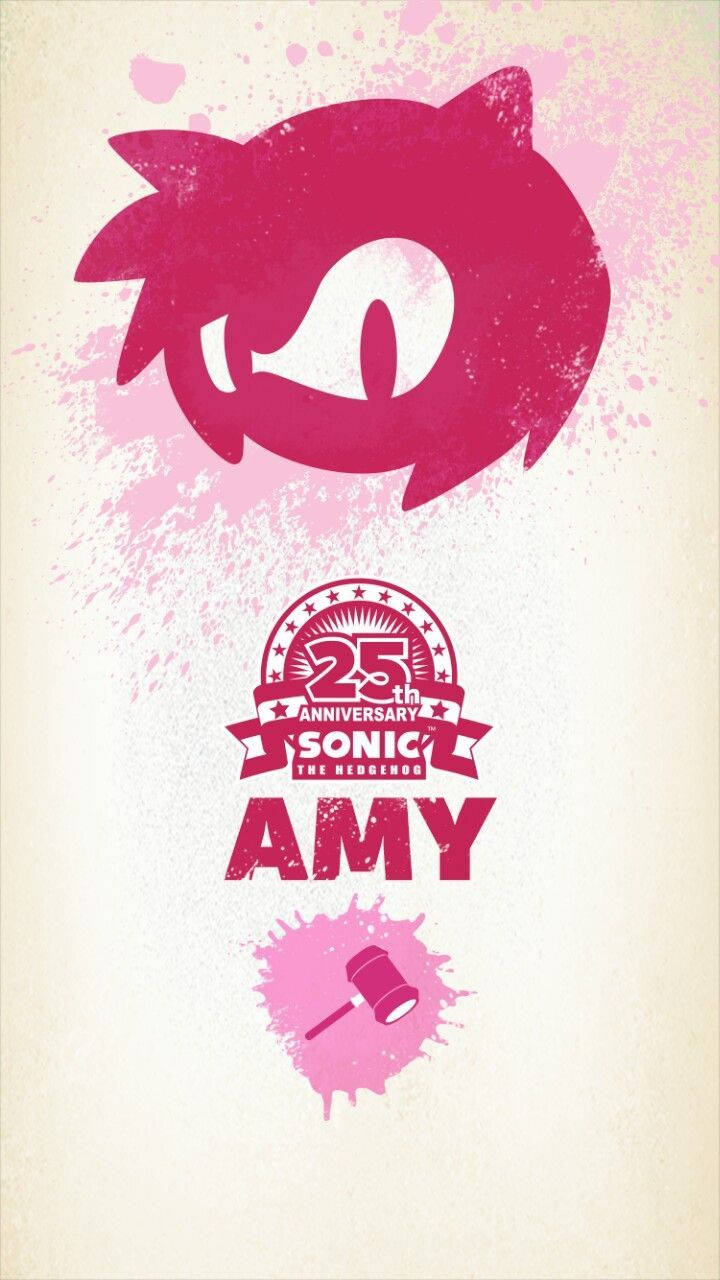 Amy Rose 桌布 壁紙 — 一個風格化的粉紅色剪影，描繪艾咪·羅斯（Amy Rose）手持錘子和25週年紀念標誌，背景為帶有斑點的奶油色。