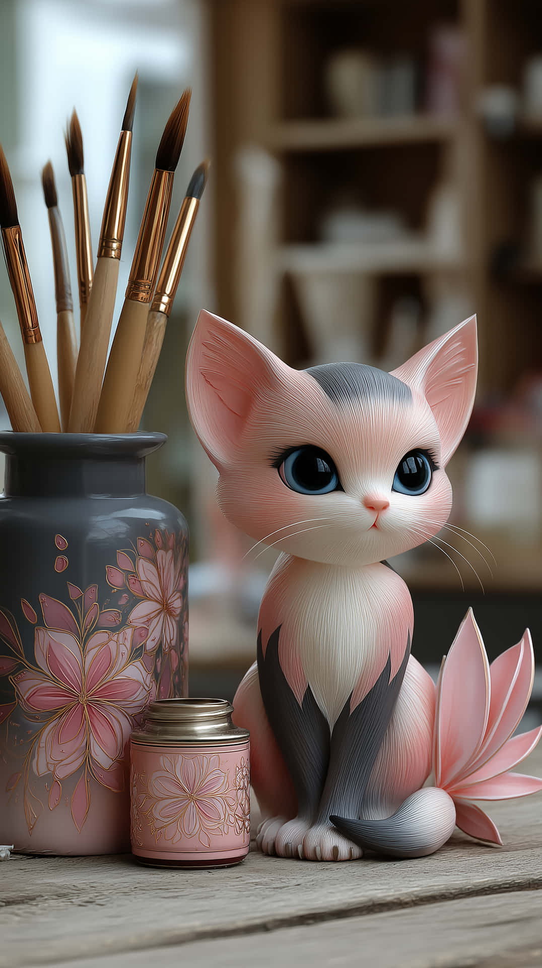 Charming Feline Sculpture with Artistic Brushes 壁紙 — 一個風格化的粉紅色和灰色小貓雕像坐在木質表面上的畫筆和花卉罐旁邊。
