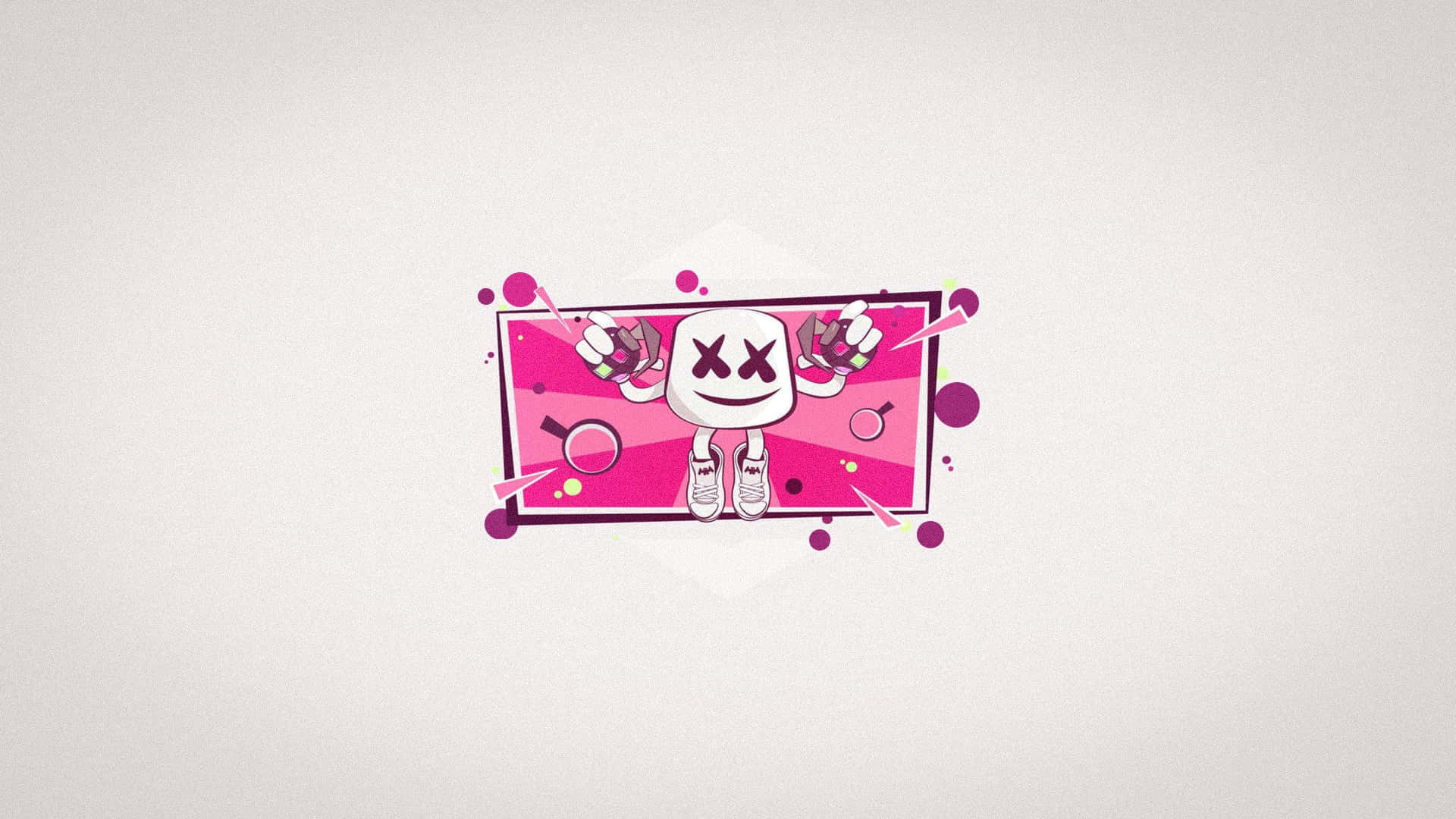 Marshmello 動態圖 桌布 壁紙 — 一個風格化的粉紅色和白色棉花糖人，眼睛呈X形，在帶有噴濺效果的鮮豔粉紅色背景前拿著兩個麥克風。