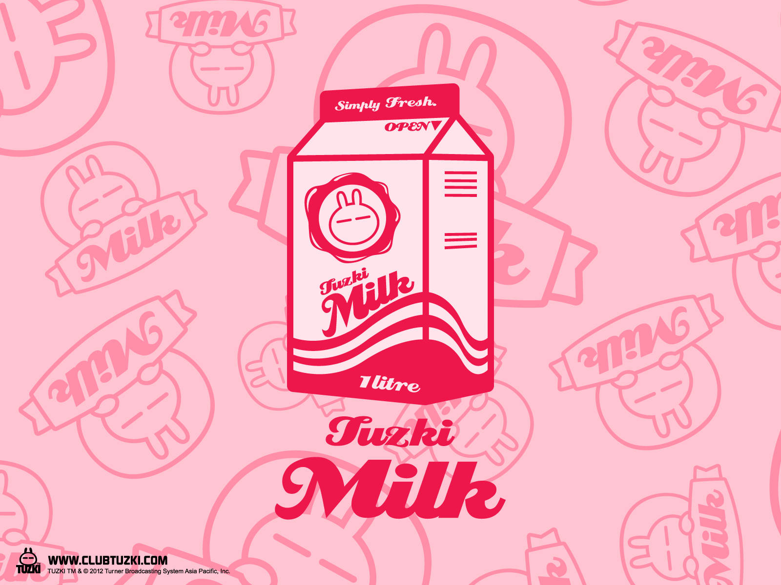 Strawberry Milk 桌布 壁紙 — 一個風格化的粉紅色和白色牛奶盒，帶有兔子標誌，在重複圖案背景上脫穎而出。