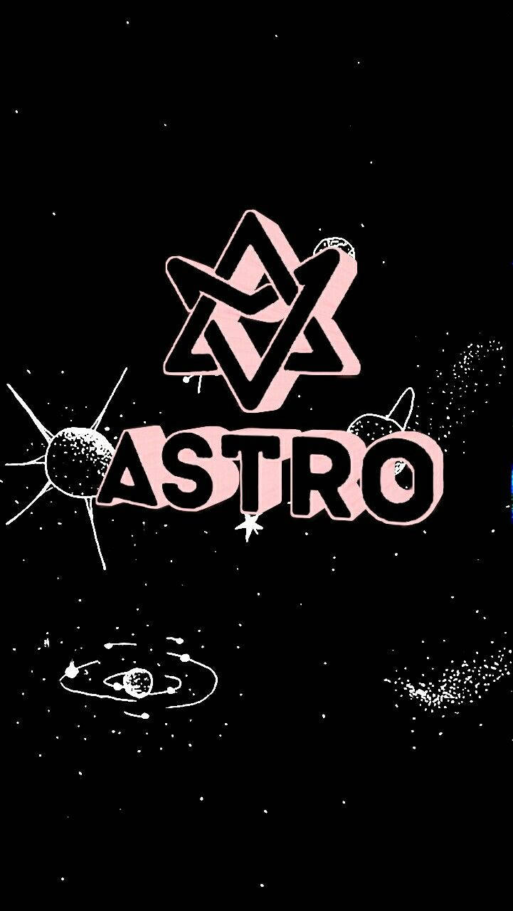 K-pop 桌布 壁紙 — 一個風格化的粉紅色和黑色標誌，上面有ASTRO字樣，背景是星空太空，有行星和彗星。