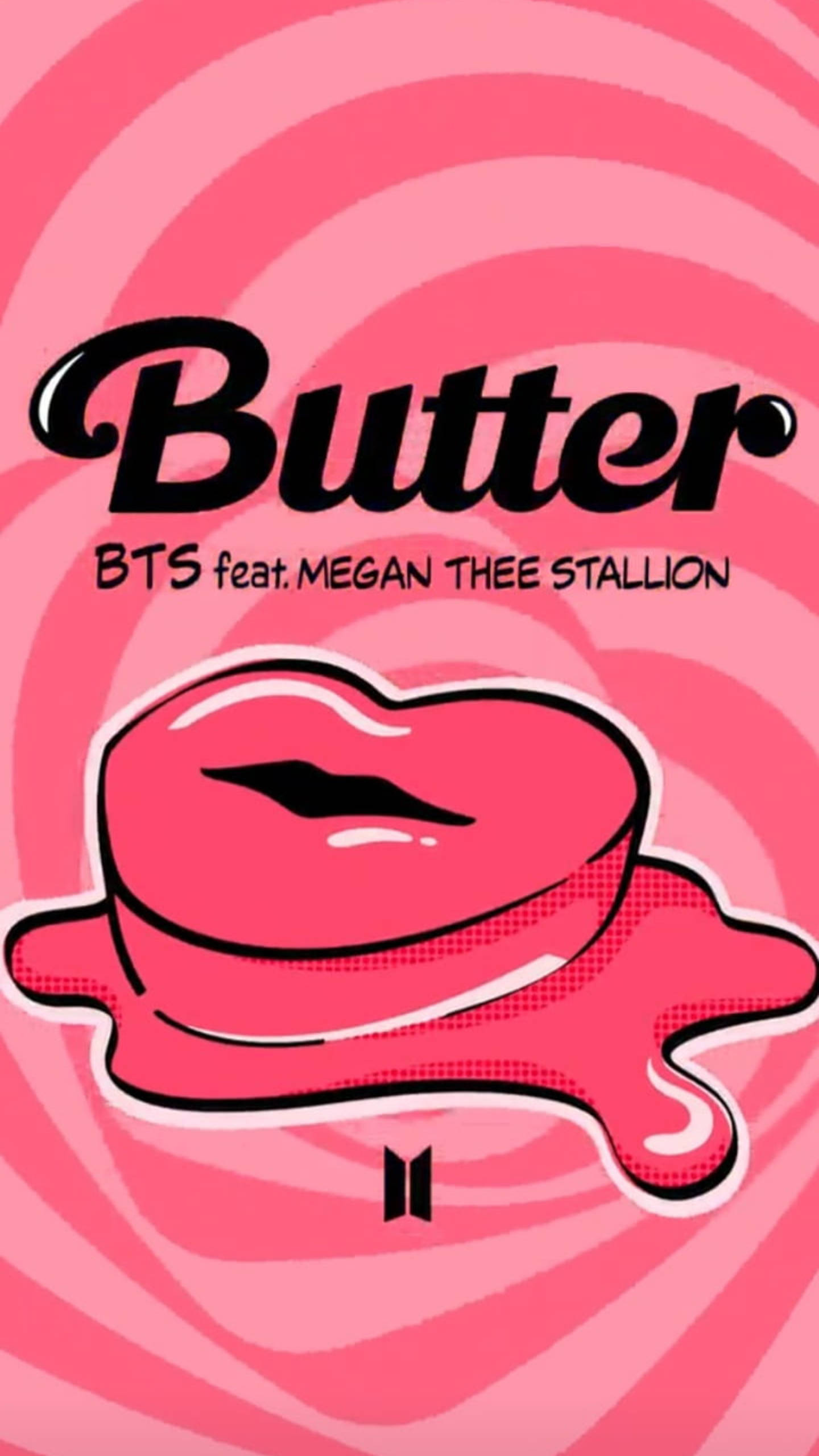 Butter 桌布 壁紙 — 一個風格化的粉紅色奶油圖形，形狀像嘴唇，在旋轉的粉紅色背景上融化，帶有粗體黑色文字。