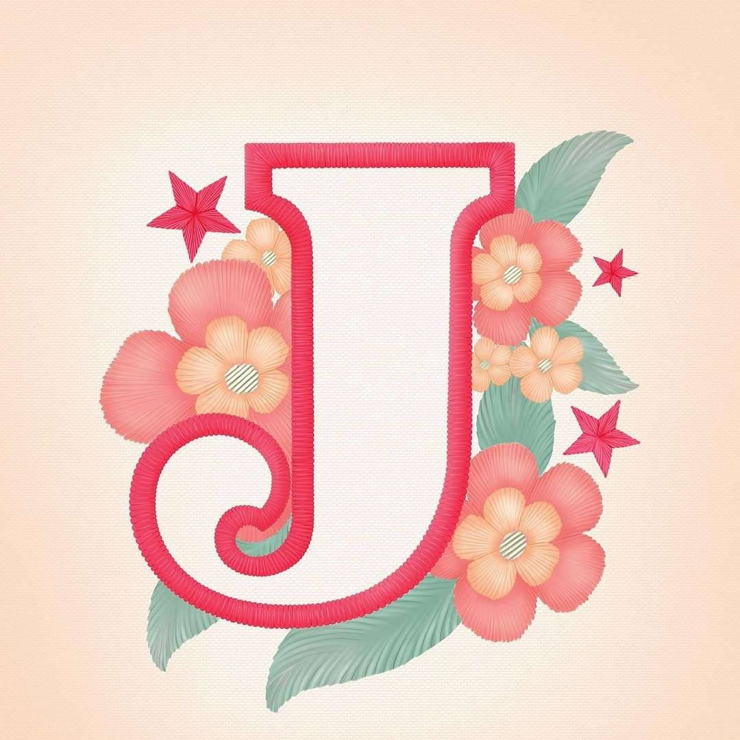 J 桌布 壁紙 — 一個風格化的粉紅色字母J，點綴著桃花、綠葉和紅星，背景為柔和的米色。