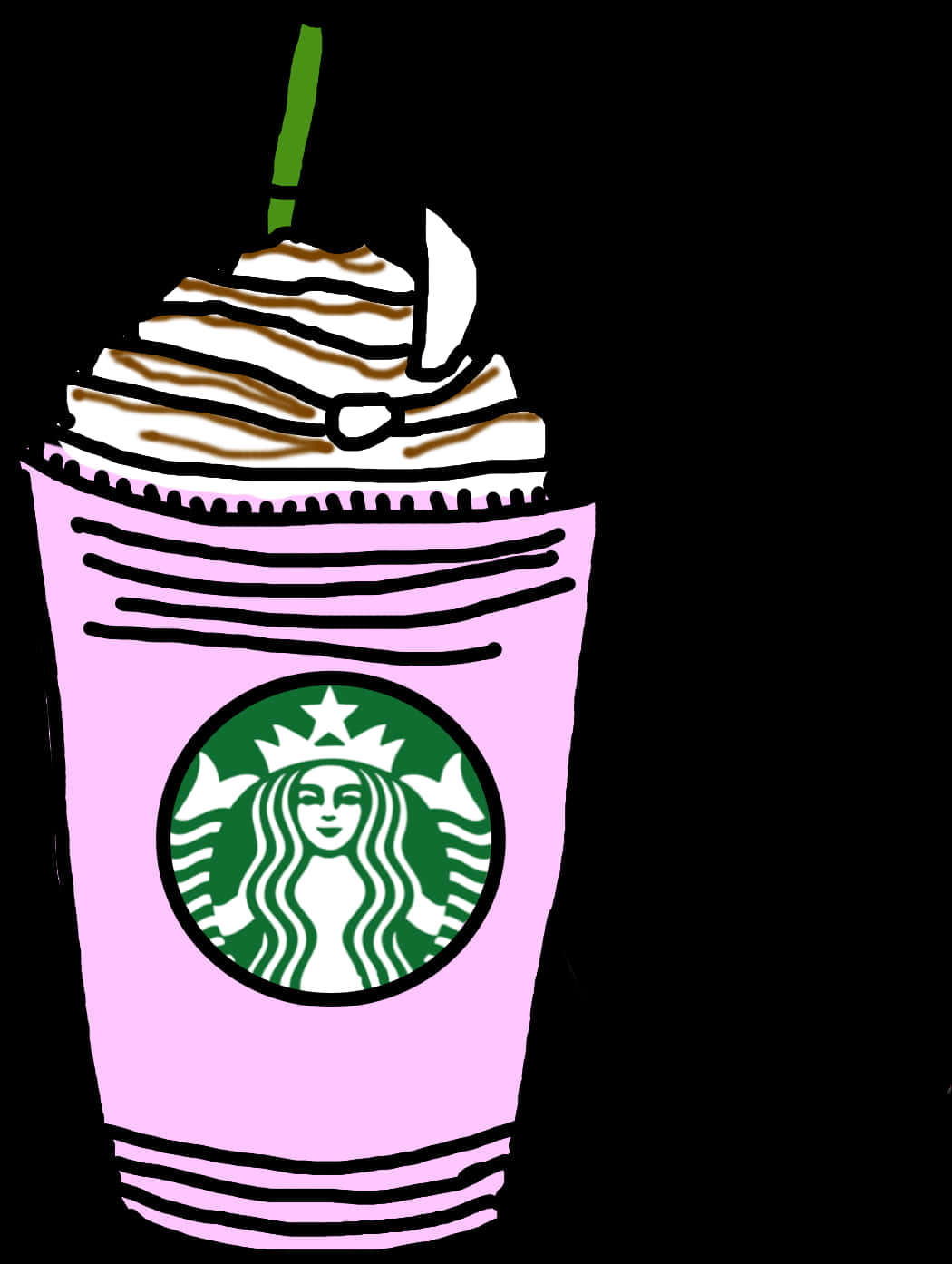 Starbucks Coffee 桌布 壁紙 — 一個風格化的粉紅色星巴克杯，帶有鮮奶油和綠色吸管，背景為黑色。