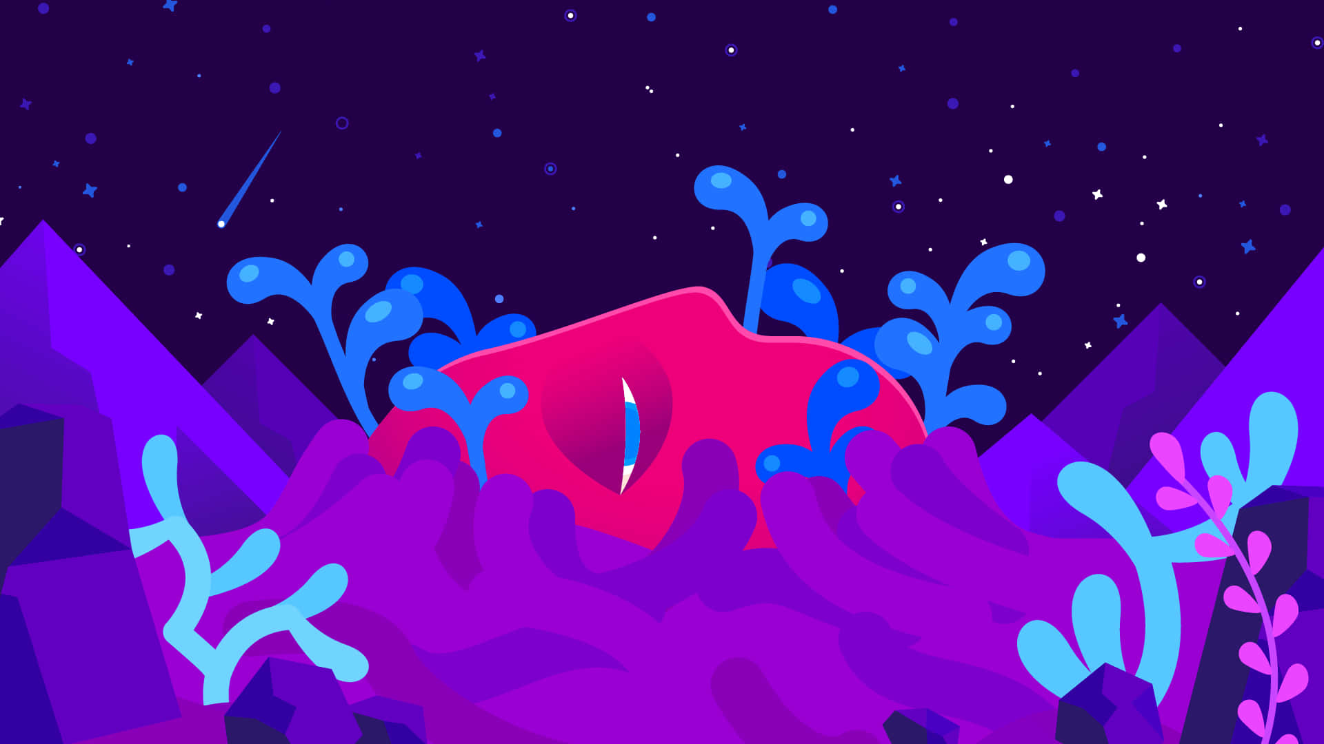 Animated 桌布 壁紙 — 一個風格化的粉紅色沉睡生物，依偎在發光的紫色山脈之間，星空下有一顆流星。