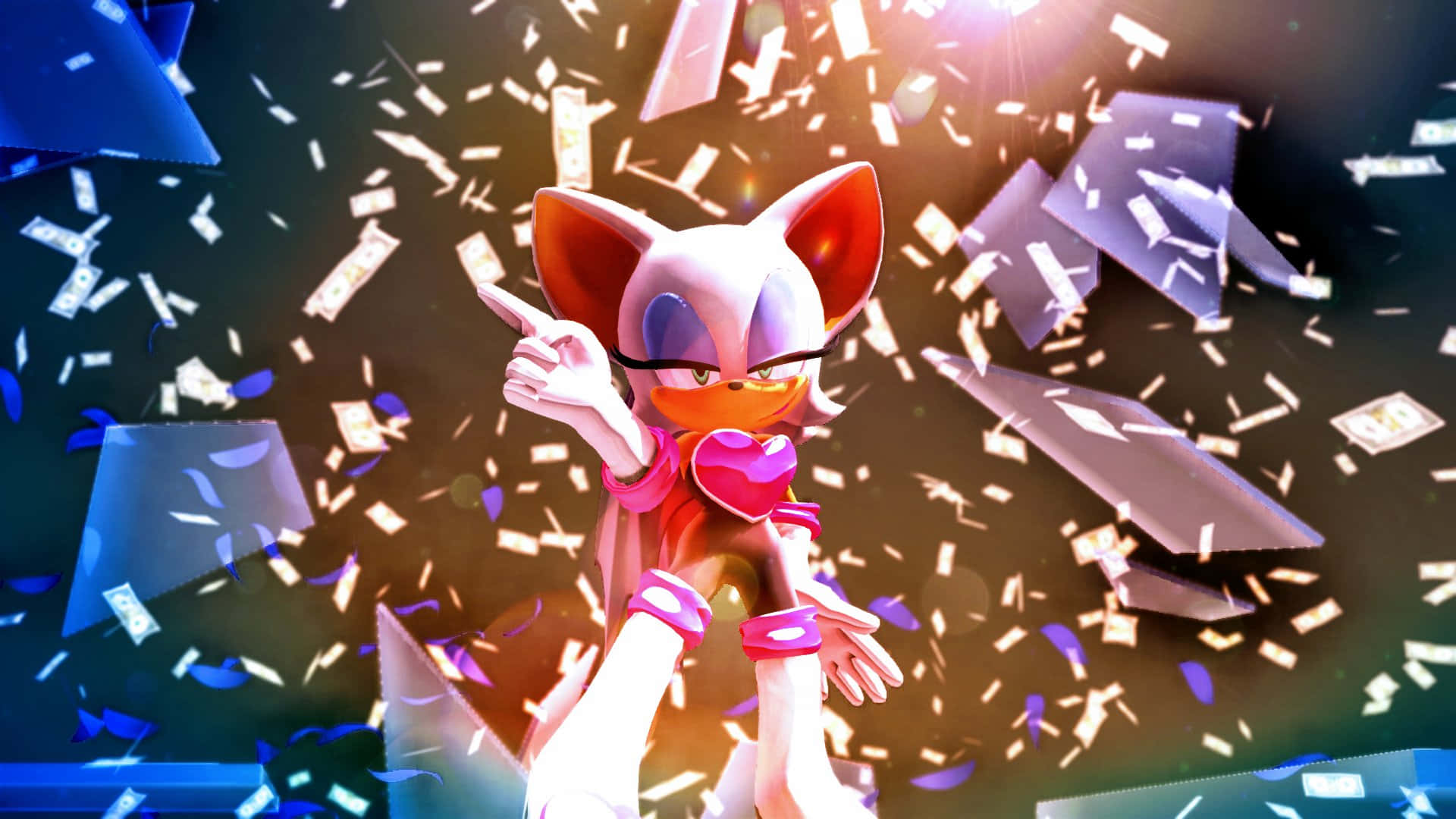 Rouge The Bat 桌布 壁紙 — 一個風格化的粉紅色狐狸角色穿著心形服裝，自信地指著，周圍有五彩紙屑和紙幣爆炸，充滿活力的慶祝。