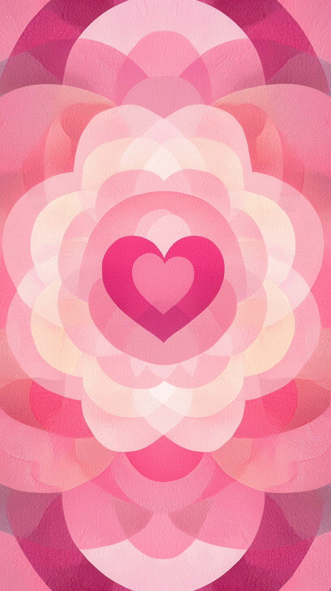 Retro heart-themed geometric design 壁紙 — 一個風格化的粉紅色花卉圖案，從中央的心形向外輻射，帶有層疊的花瓣狀環。