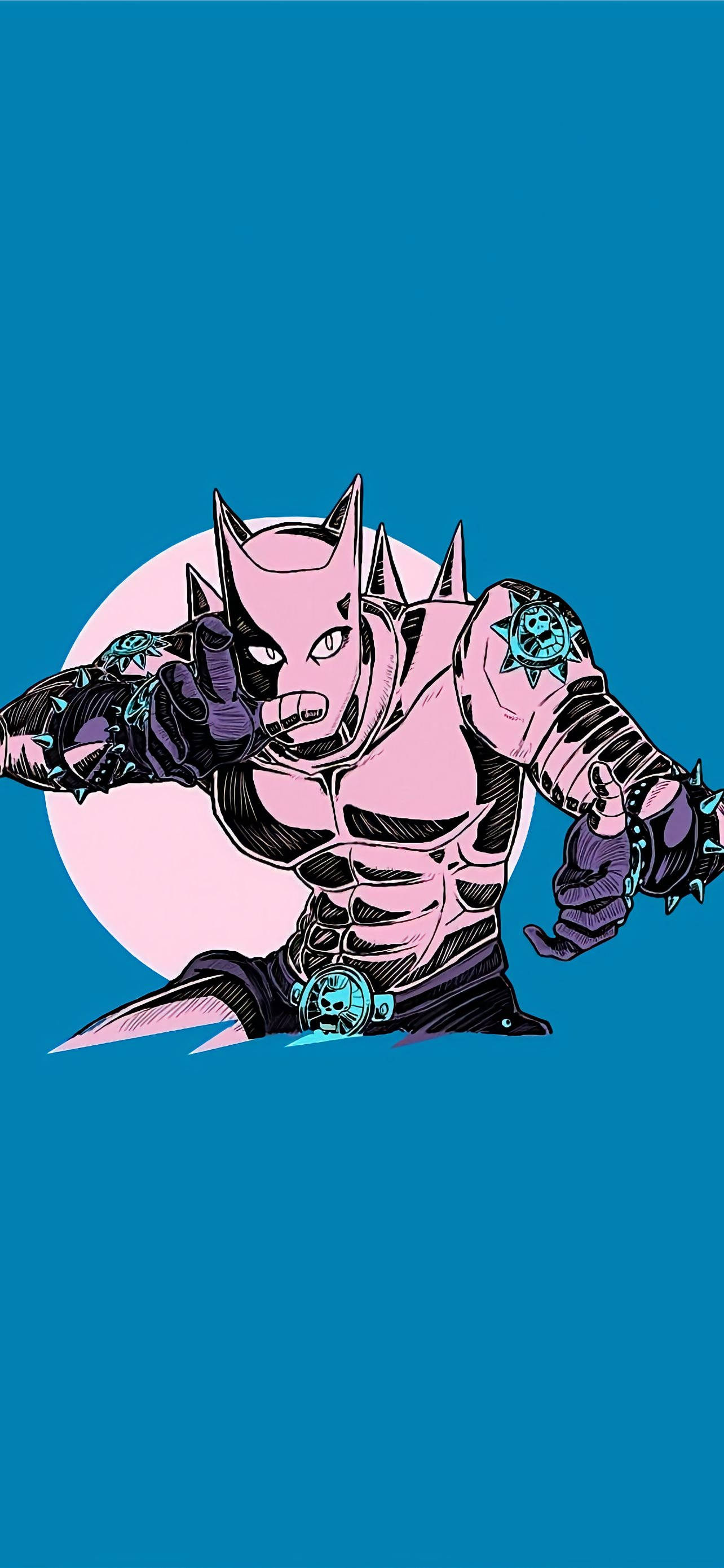 Jojo 桌布 壁紙 — 一個風格化的粉紅色裝甲戰士，戴著帶刺的護手和面具，站在青綠色背景上發光的粉紅色月亮前。