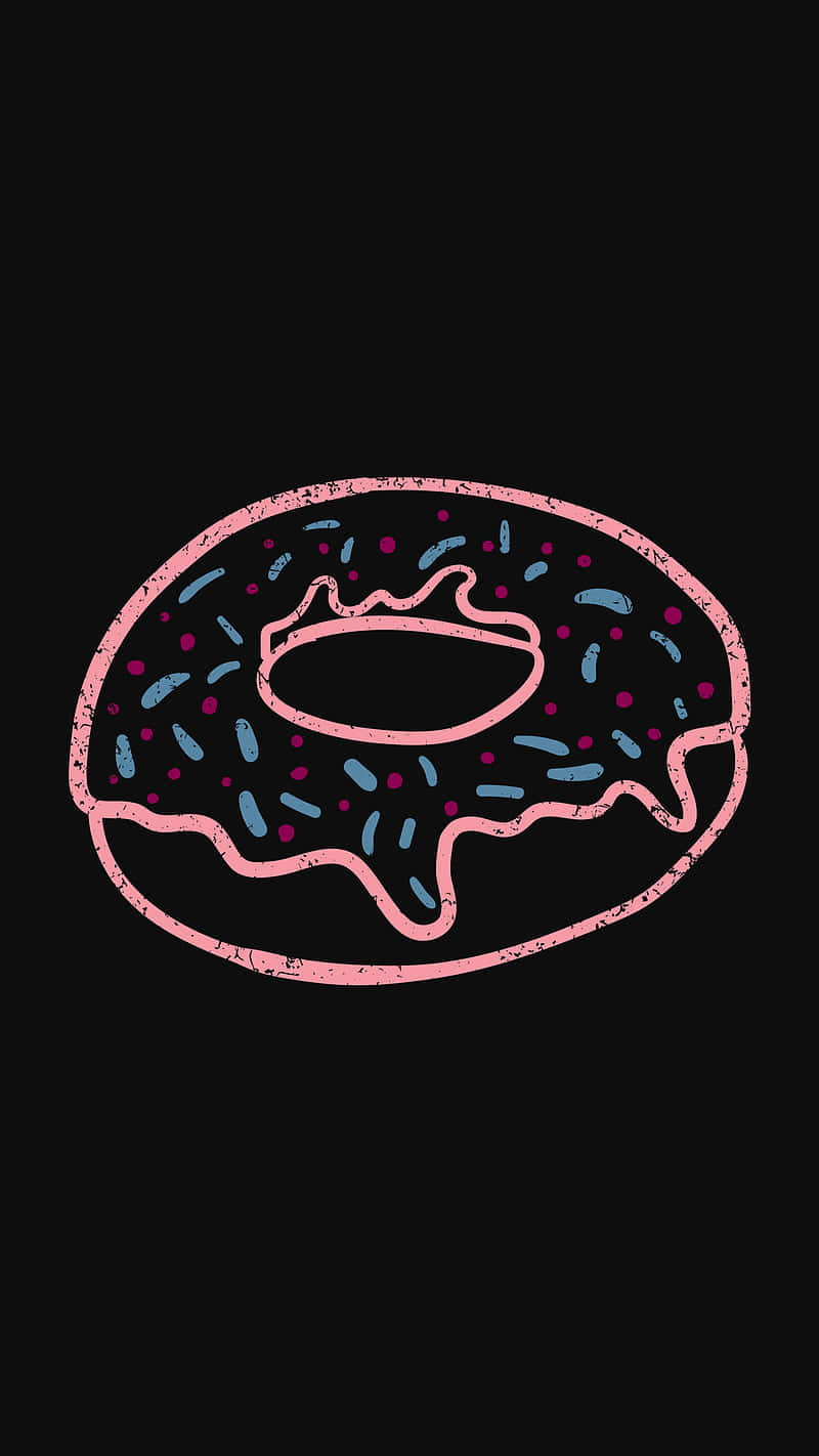 Cute Donut 桌布 壁紙 — 一個風格化的粉紅色輪廓甜甜圈，上面有藍色和紫色的糖針，背景為純黑色。