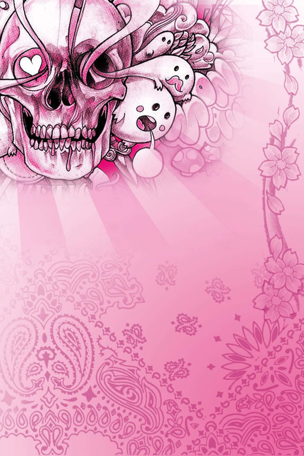 Pink Skull 桌布 壁紙 — 一個風格化的粉紅色骷髏頭，帶有心形眼睛和可愛的幽靈生物，周圍環繞著花卉和佩斯利圖案。