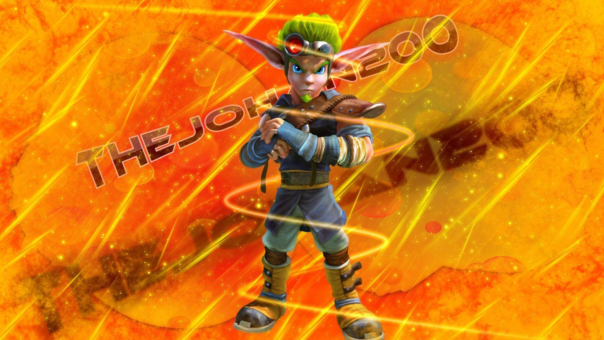 jak and daxter 桌布 壁紙 — 一個風格化的精靈角色，擁有發光的眼睛和綠色頭髮，站在帶有光線條紋的熾熱橙色背景前。