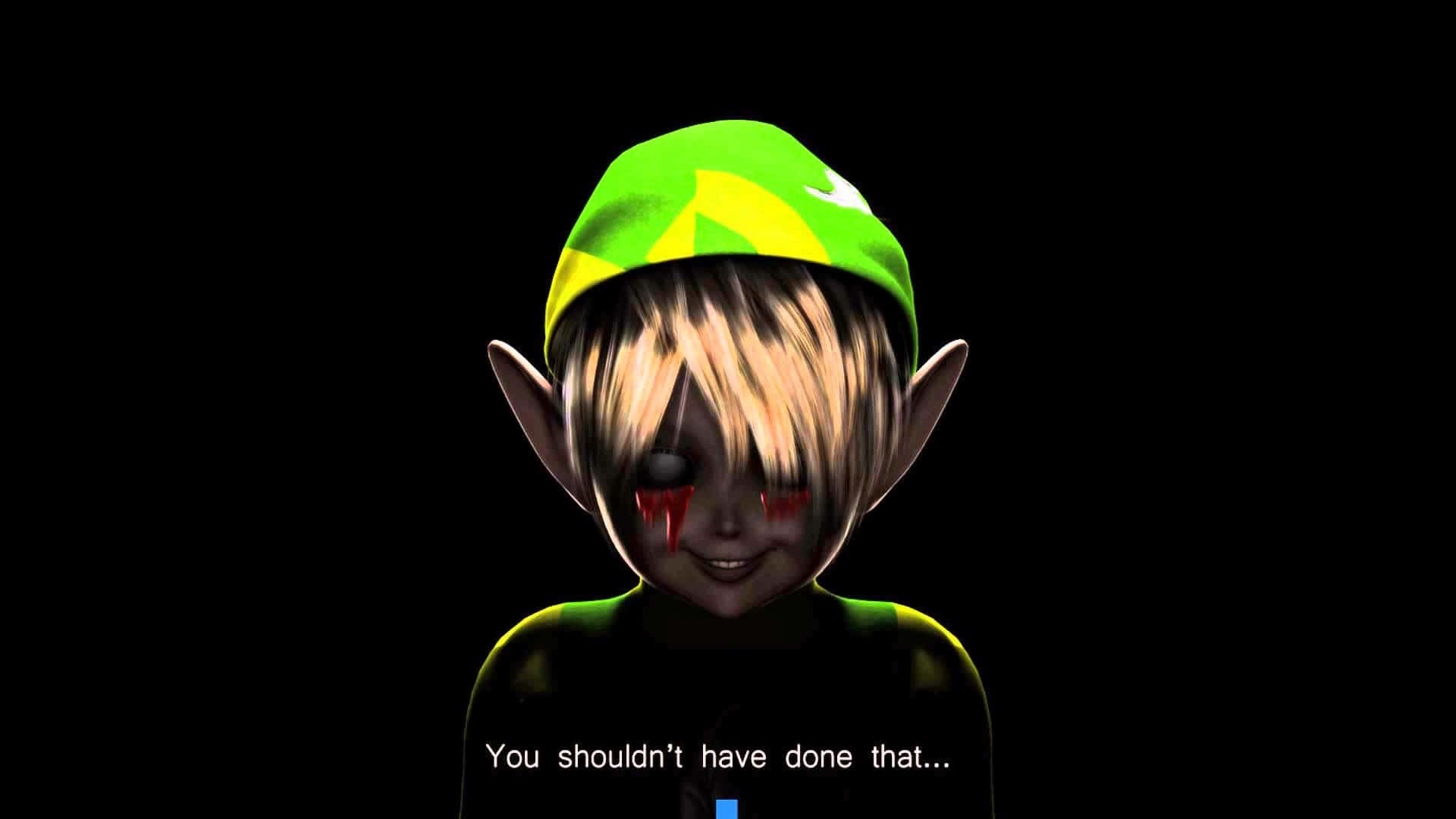 Creepypasta 桌布 壁紙 — 一個風格化的精靈角色，金髮綠帽，在黑色背景上帶著紅色淚水和文字悲傷微笑。