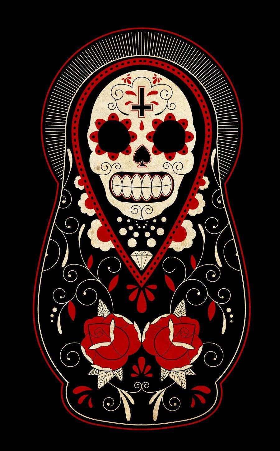 Dia De Los Muertos 桌布 壁紙 — 一個風格化的糖骷髏，飾有紅玫瑰和複雜的漩渦，背景為純黑色。