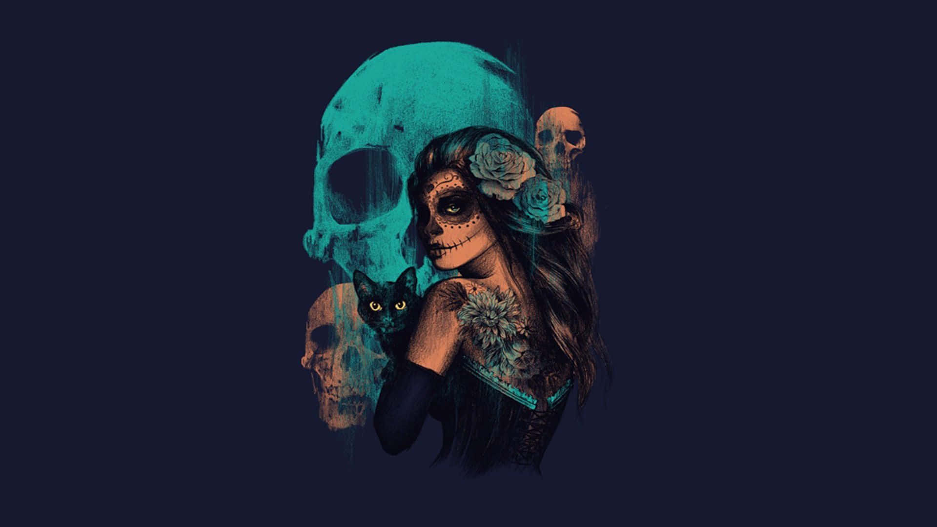 Day Of The Dead 桌布 壁紙 — 一個風格化的糖骷髏女人，帶有玫瑰和一隻黑貓，背景是深藍綠色的骷髏。